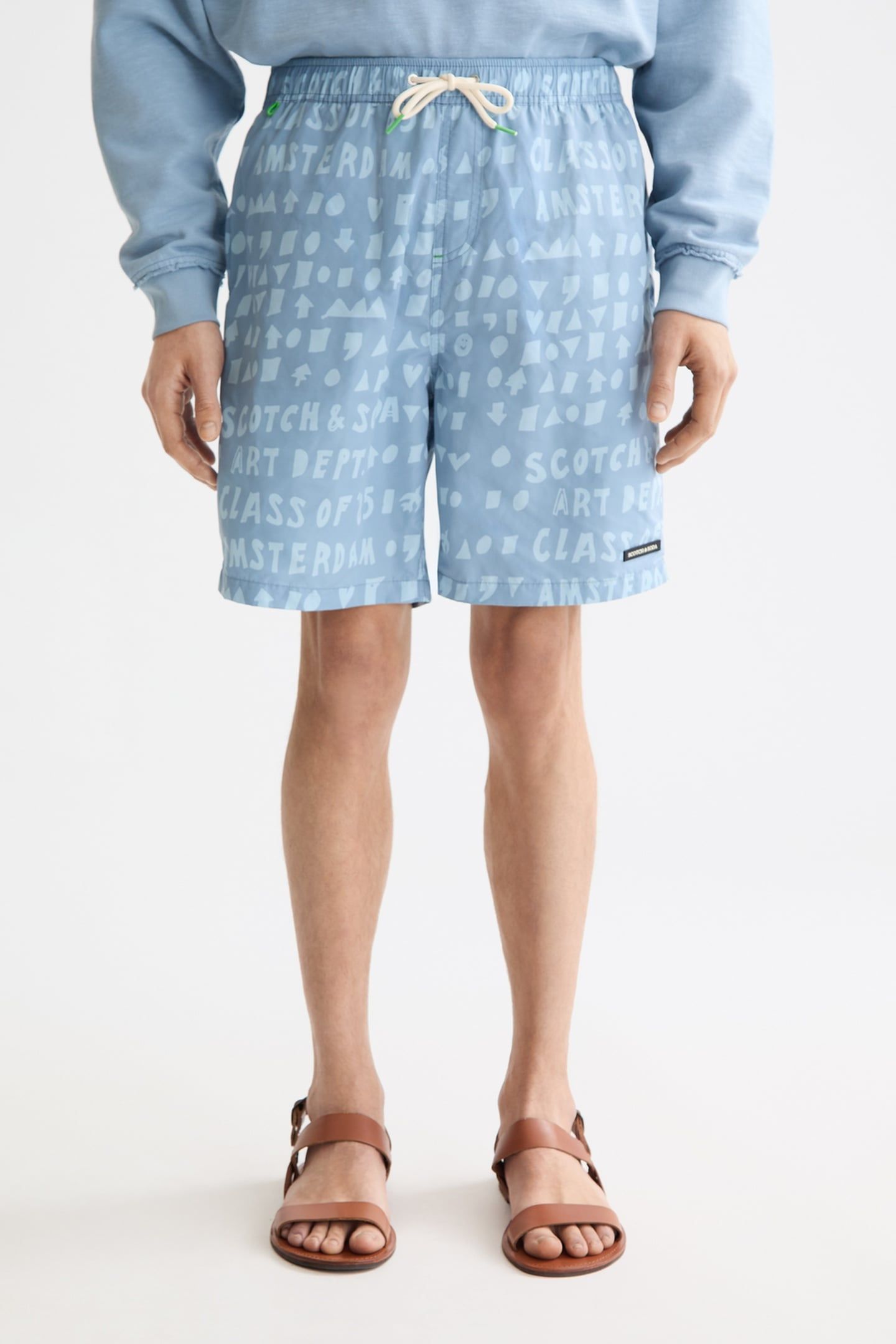 PRINTED LONGER-LENGTH SWIM SHORTS ART DEPT FADED DENIM 1