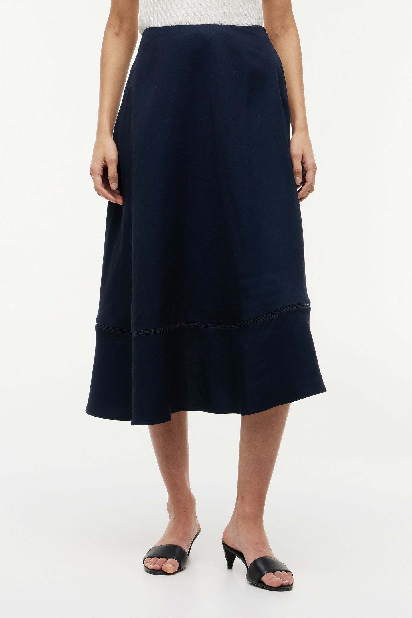 LOGO FLARE MIDI SKIRT WITH LINEN DARK NIGHT NAVY 2