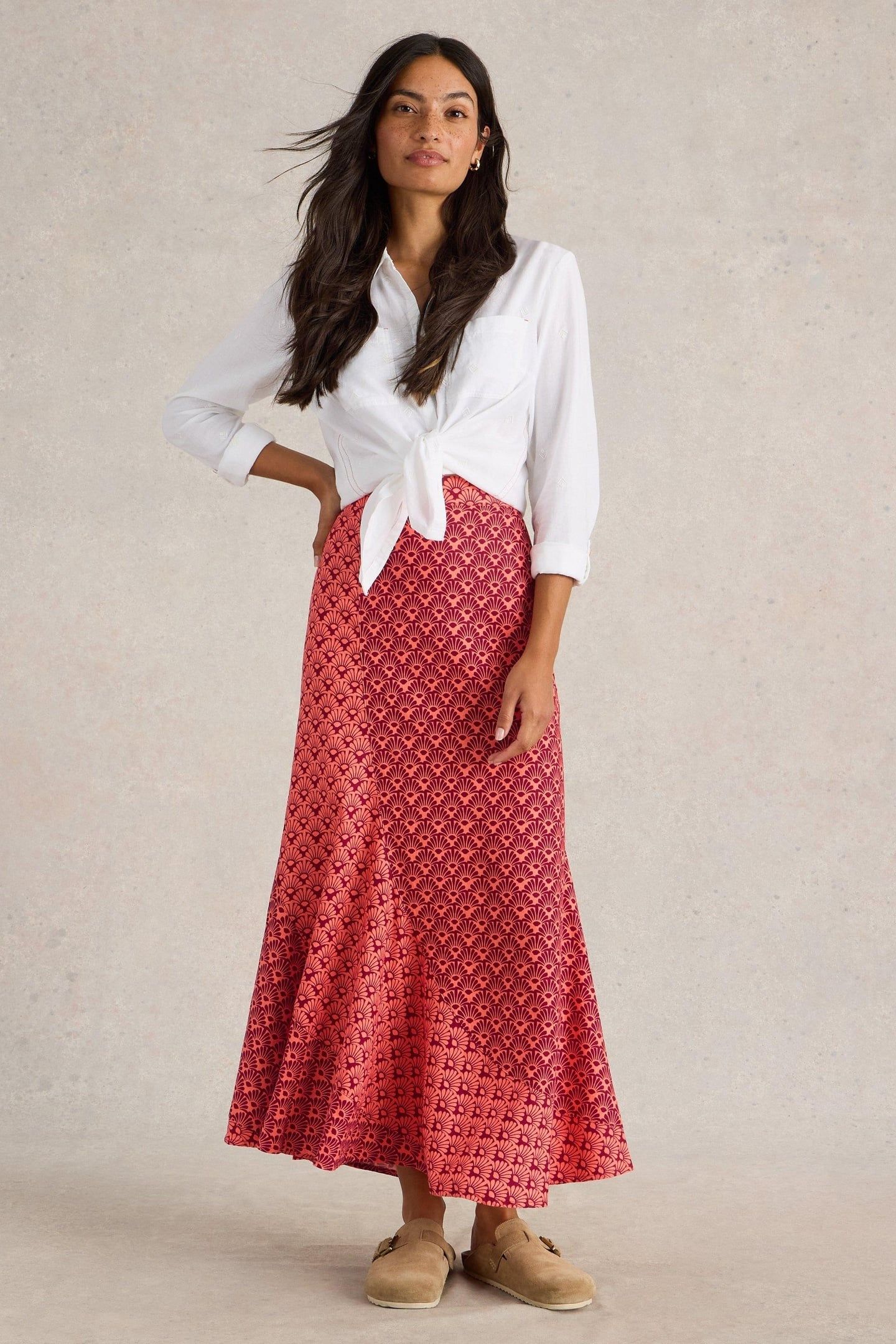 SARA LINEN BLEND MAXI SKIRT RED MULTI 1