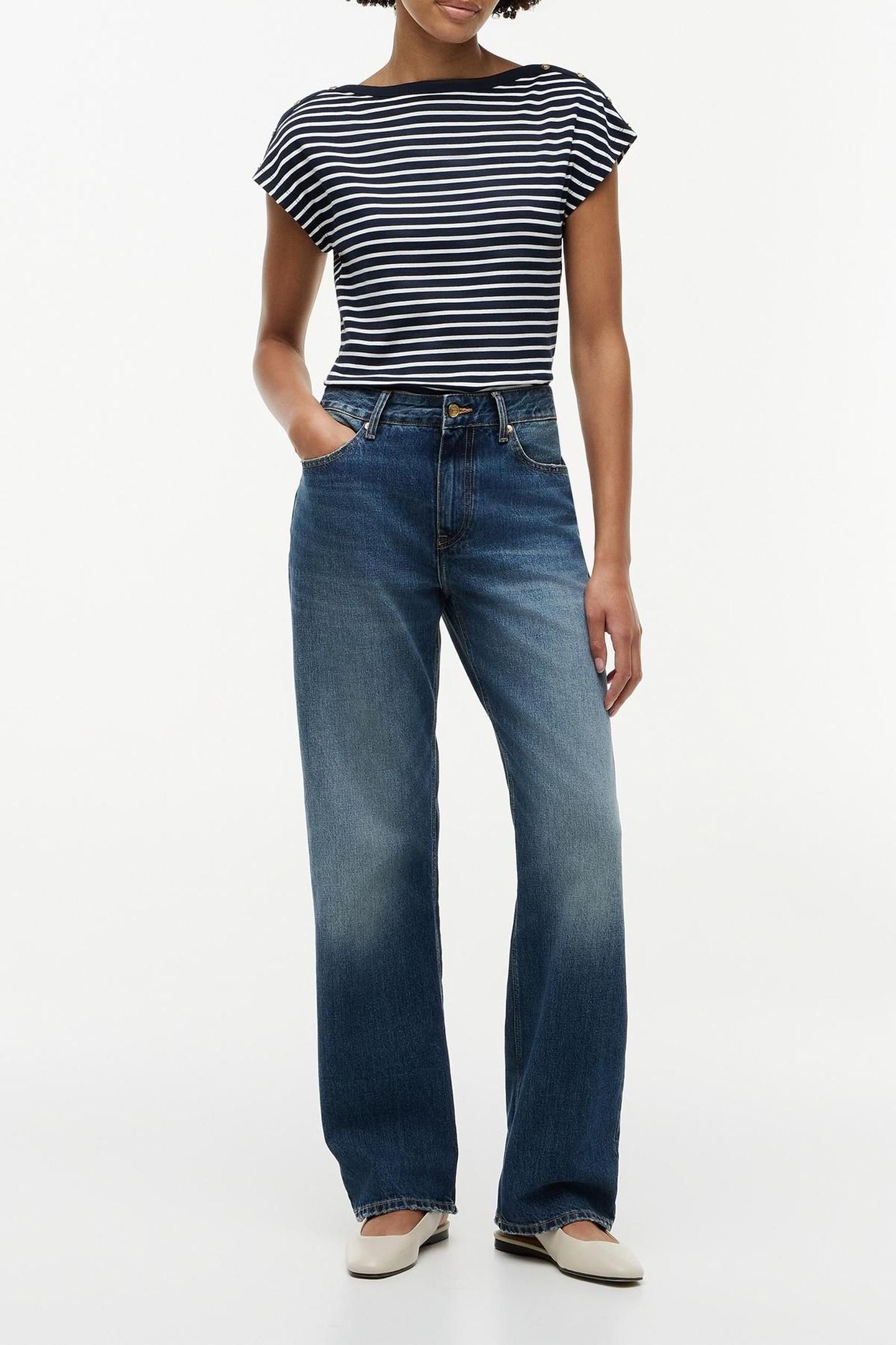GOLD-TONE BUTTON BOAT NECK T-SHIRT BRETON DARK NIGHT NAVY/CA 3