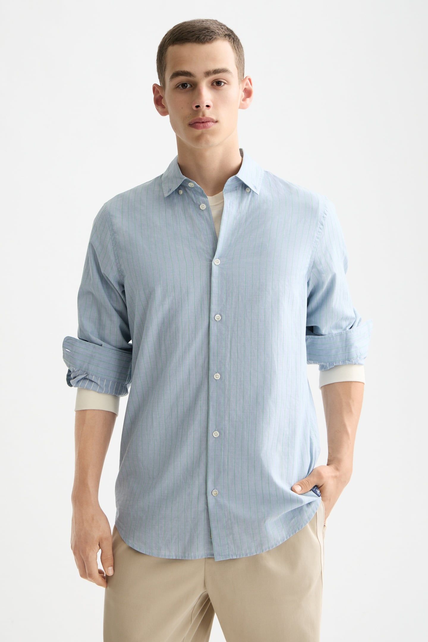 YARN-DYED STRIPE SHIRT FADED DENIM / GREEN SPRUCE STRIPE 1
