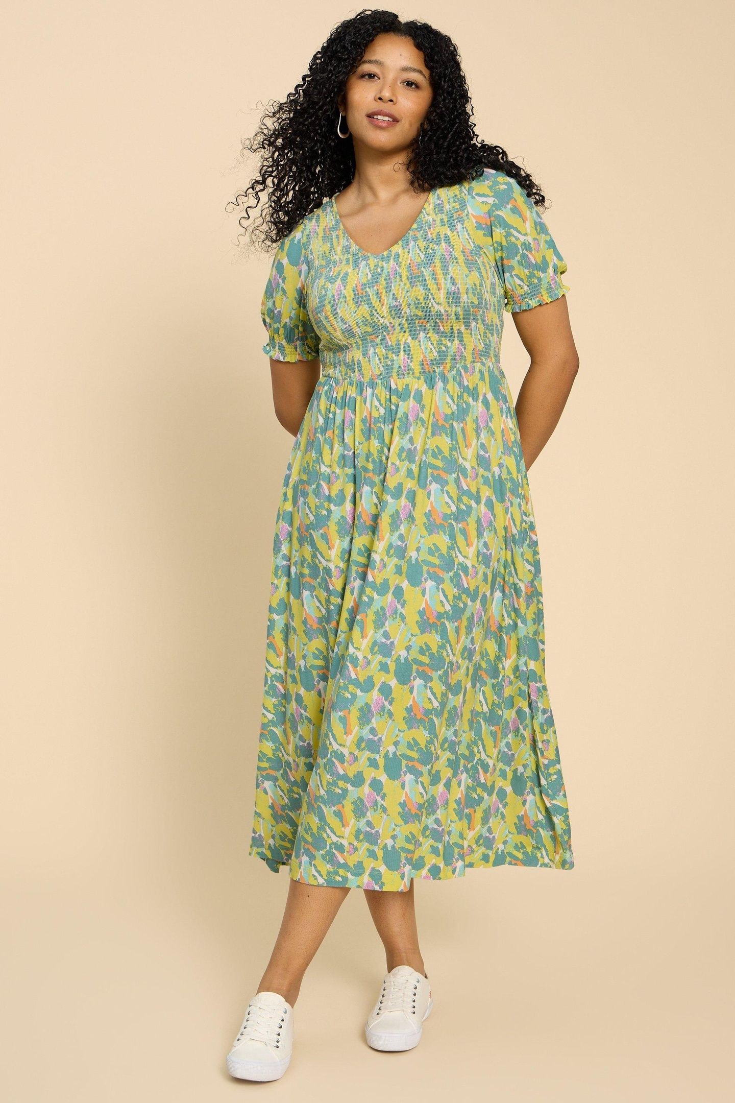 EMILY SHIRRED JERSEY DRESS TEAL PRINT 1