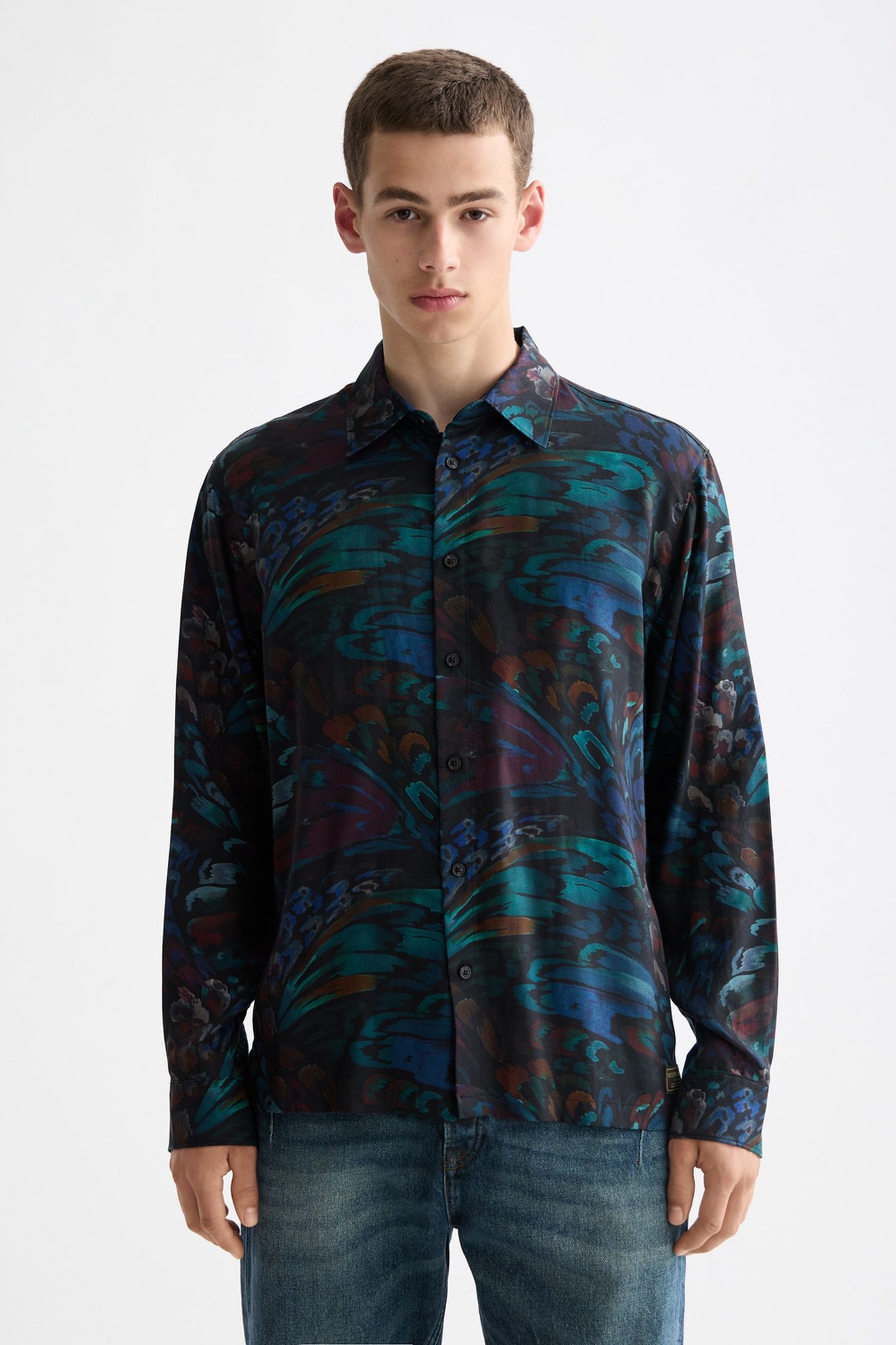 PRINTED RELAXED-FIT SHIRT INK BLUE FEATHERS AOP 2