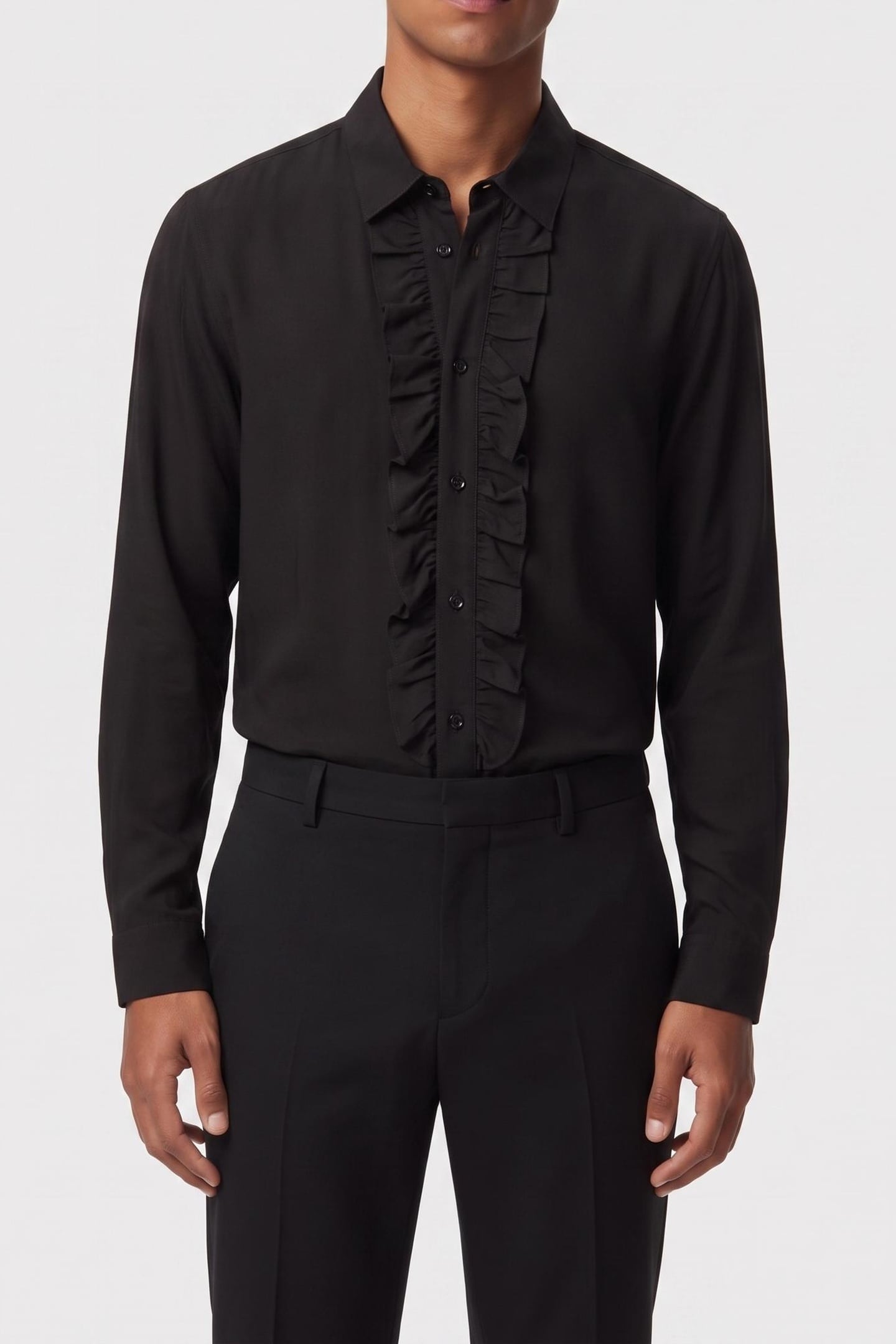 LONG-SLEEVED SILK SHIRT WITH RABBOTTED COLLAR BLACK 1