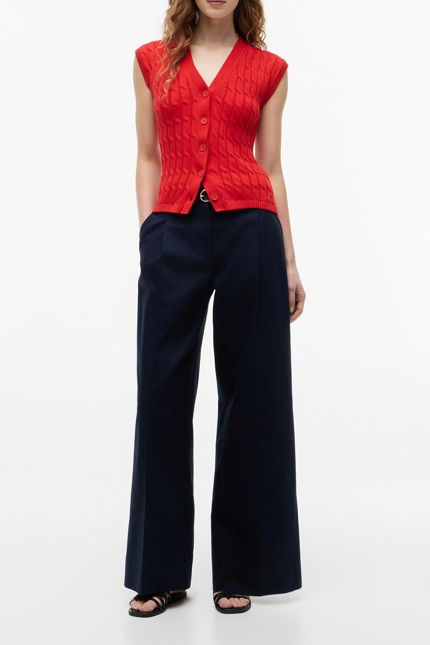 MID CABLE VEST CARDIGAN FIRE RED 3