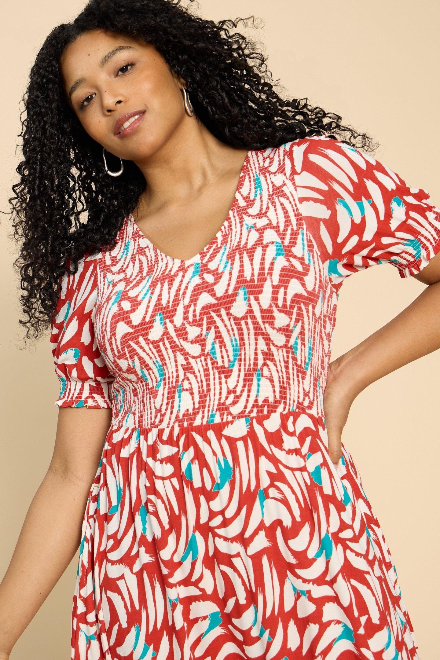 EMILY SHIRRED JERSEY DRESS RED PRINT 2