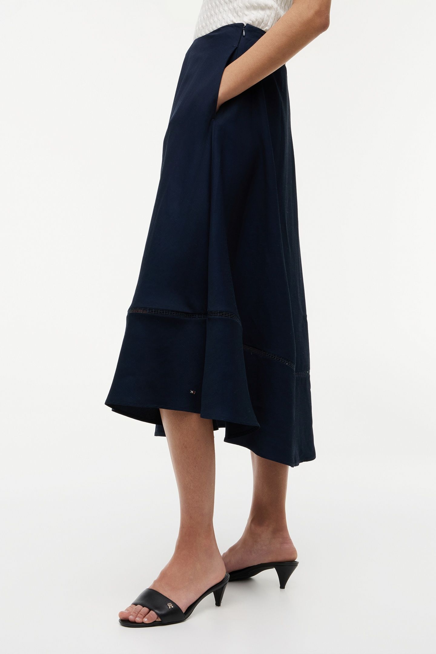 LOGO FLARE MIDI SKIRT WITH LINEN DARK NIGHT NAVY 3