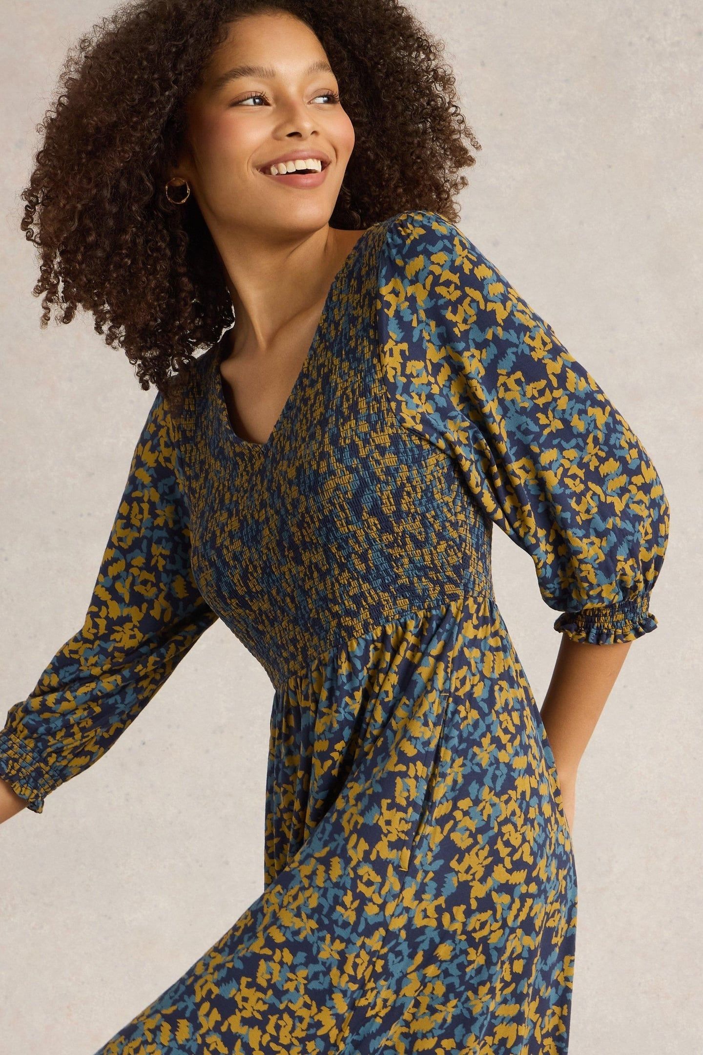 EMILY SHIRRED JERSEY DRESS NAVY PRINT 1