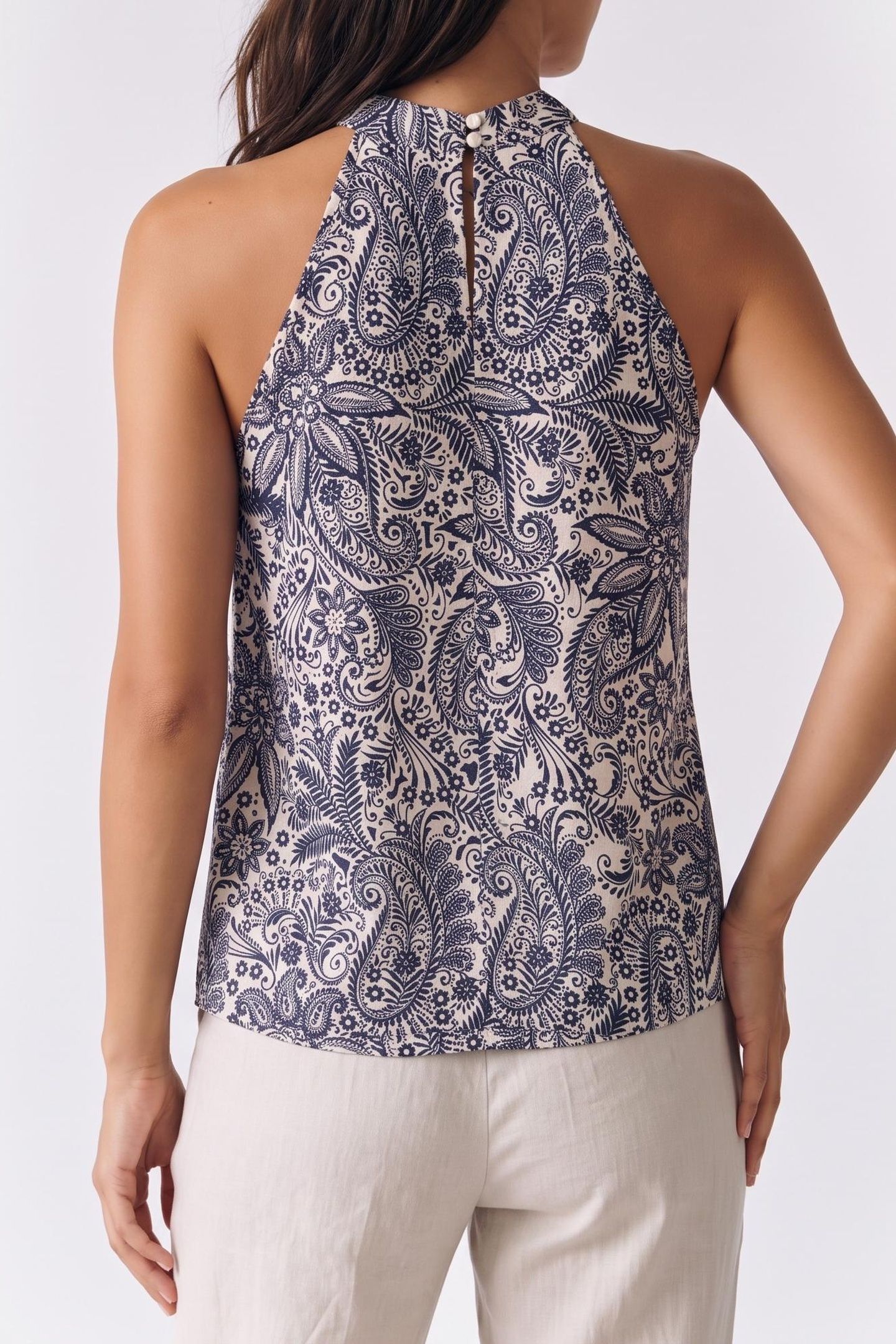 FLOWER PRINTED HALTER TOP DARK BLUE/OFF WHITE 2