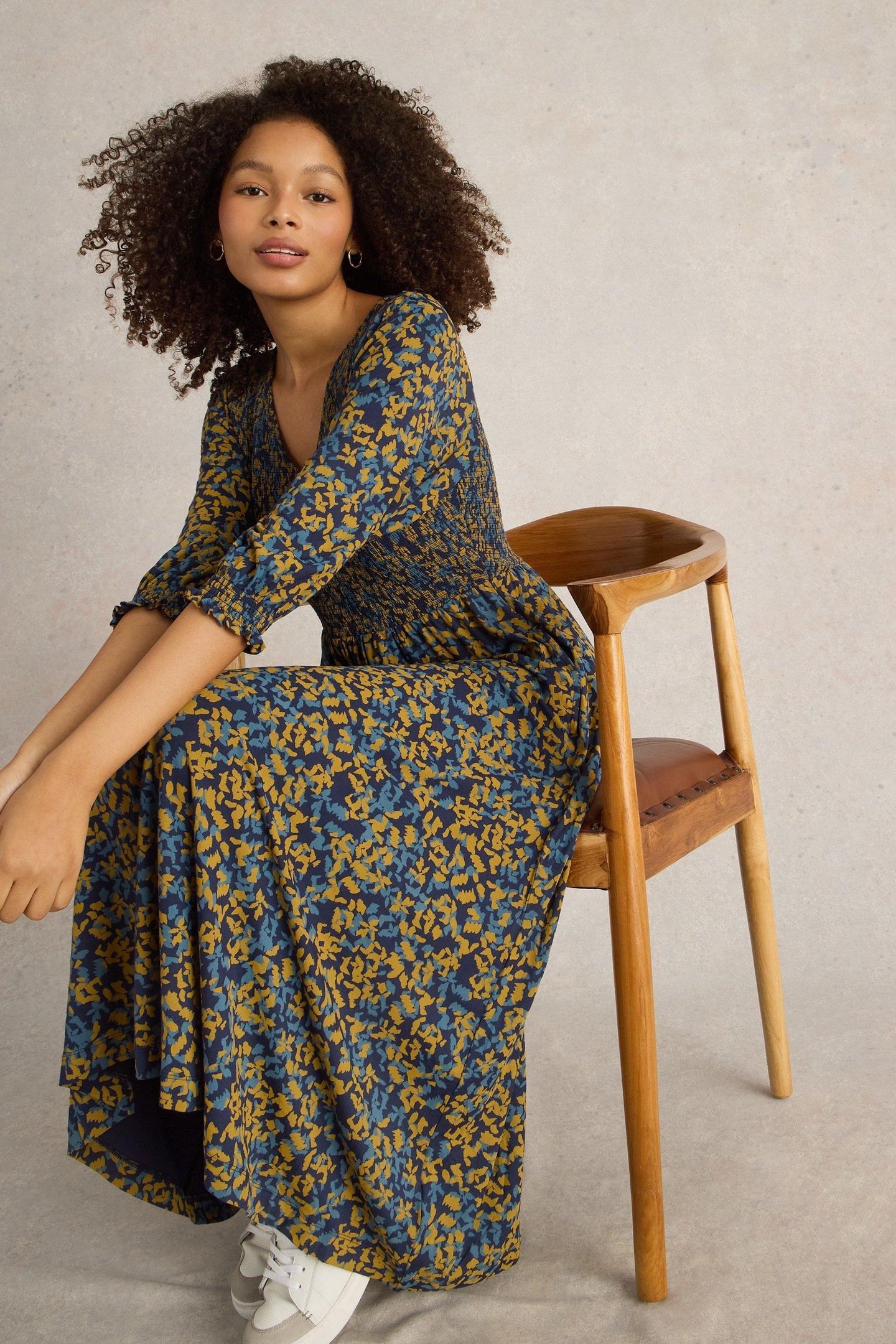 EMILY SHIRRED JERSEY DRESS NAVY PRINT 7