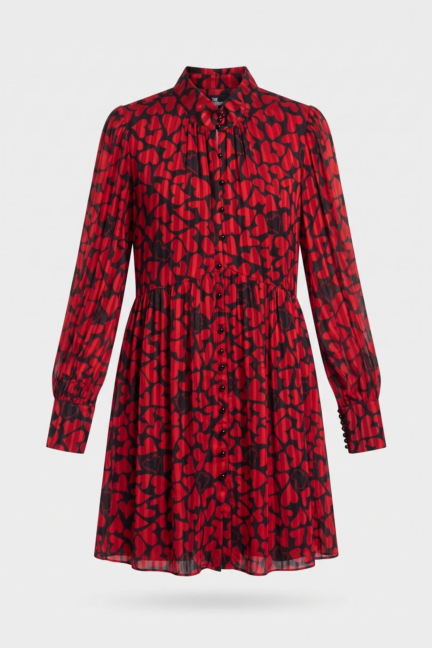 LONG-SLEEVED SHORT DRESS W A BUTTON-IN HIGH NECK BLACK - RED 3