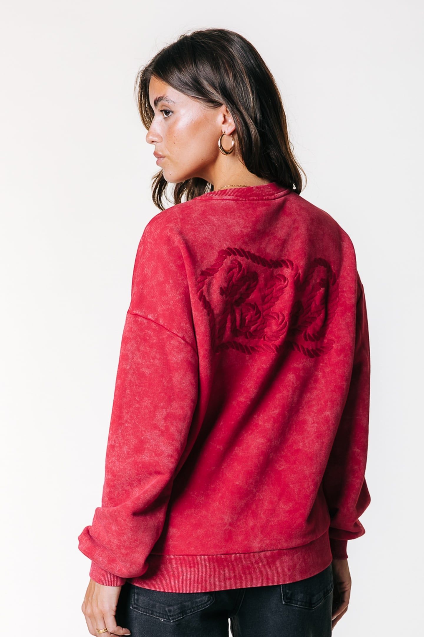REBEL BRAID ACID WASH DROPPED SHOULDER SWEAT MEDIUM RED 2