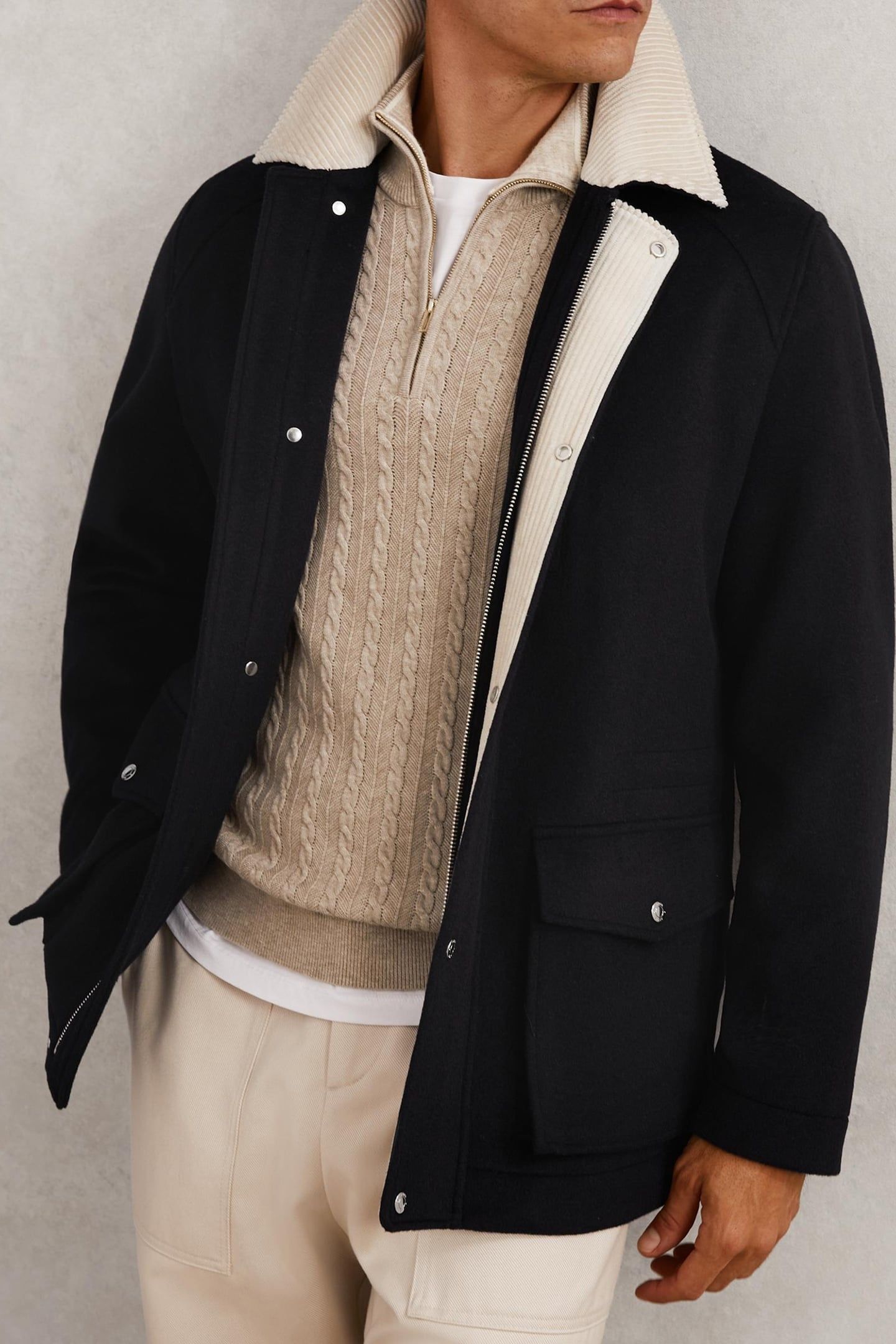 LS ZIP THROUGH CORD COLLAR WOOL WORKER JACKET NAVY 1
