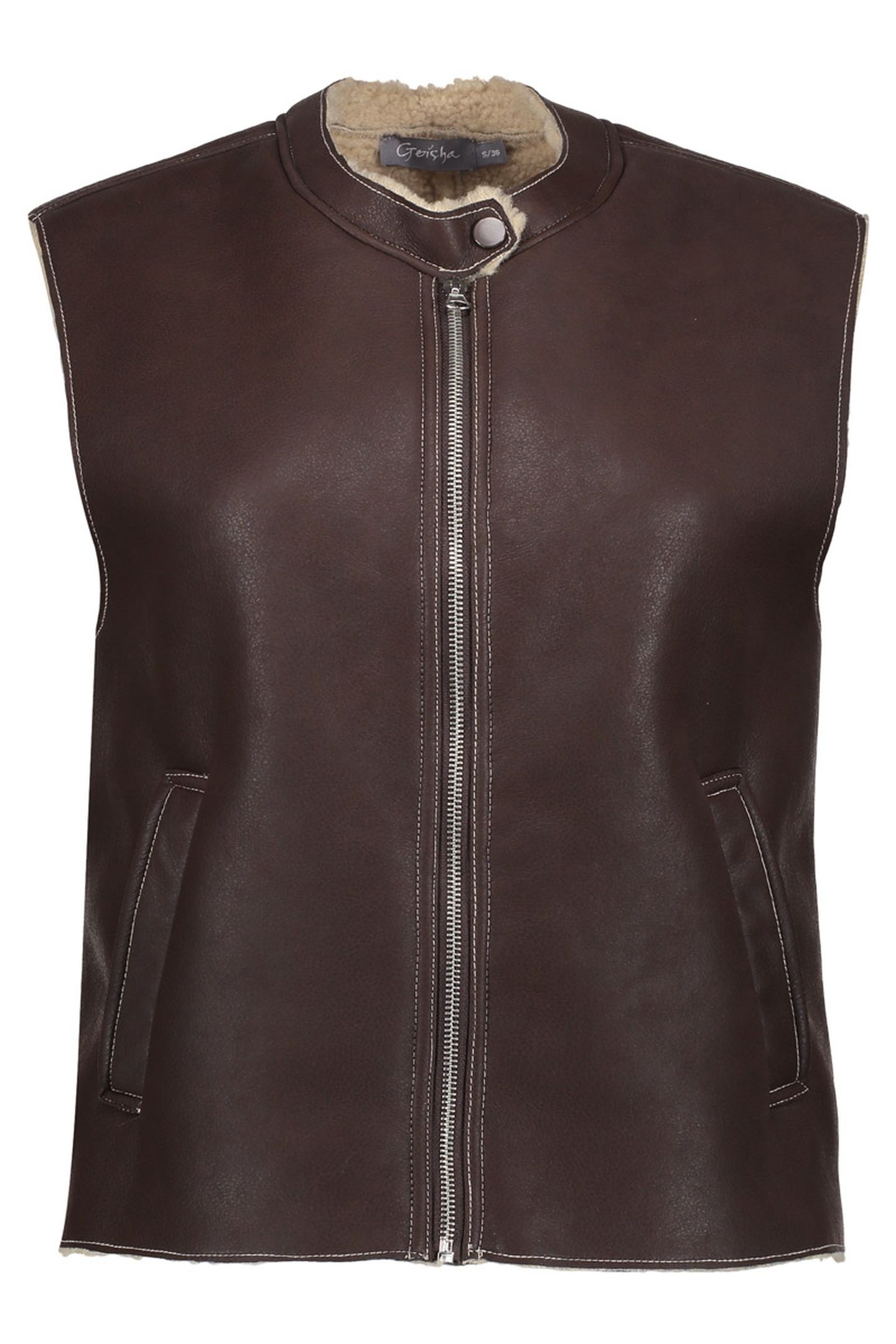 GILET IM LAMMY + ZIP BROWN/CREAM 1