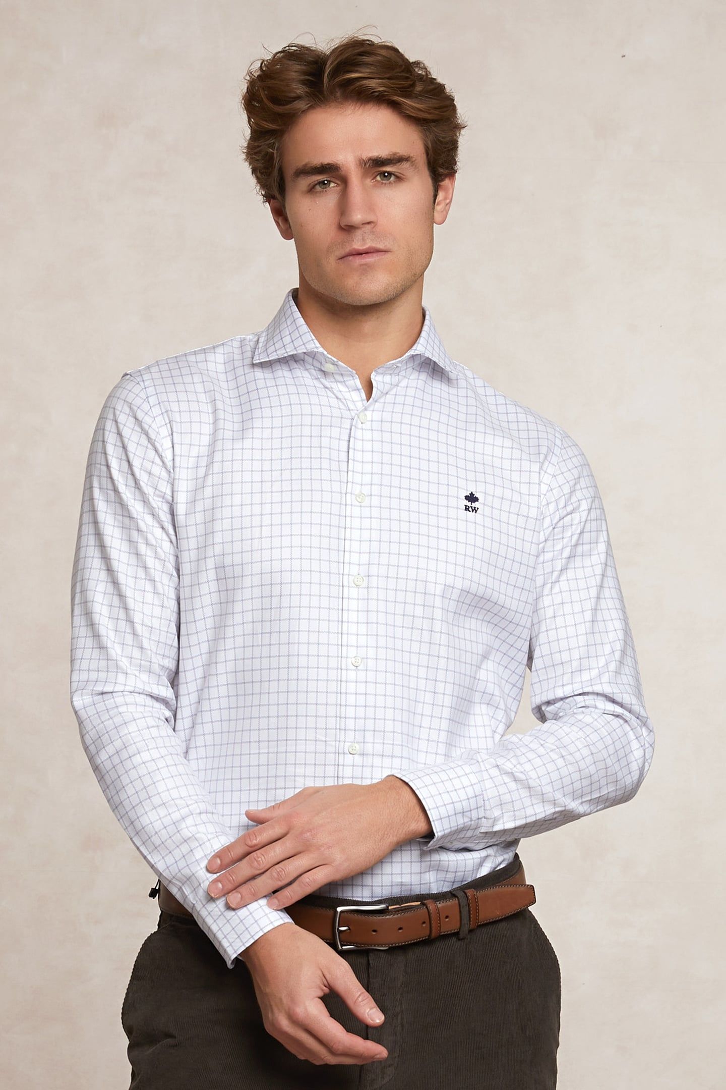 CUSTOM FIT COTTON CHECKED SHIRT WHITE 1