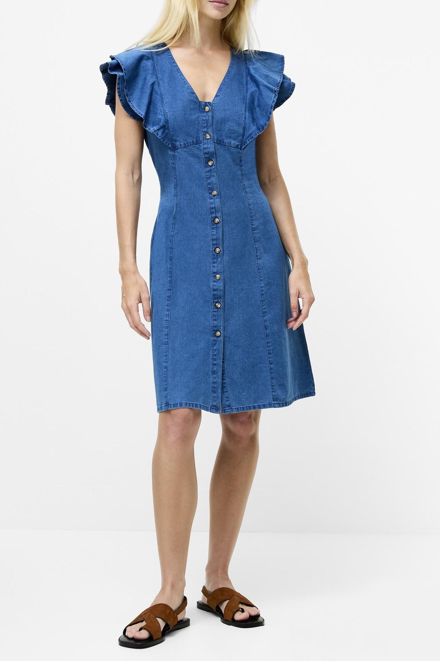 RUFFLE DENIM CHAMBRAY DRESS MID WASH MID WASH 1