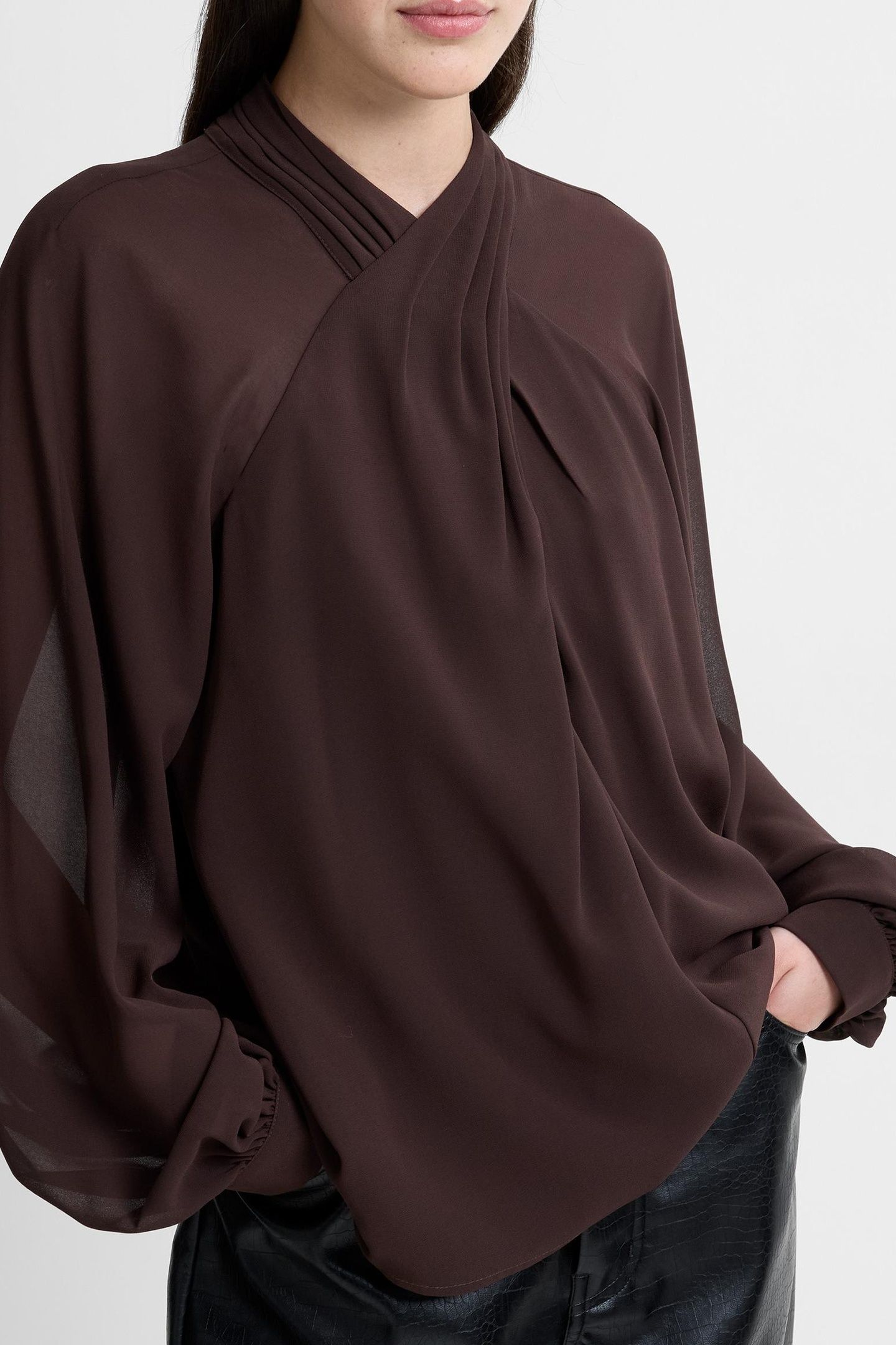 EDEN GGT LS WRAP BLOUSE BITTER CHOCOLATE 5