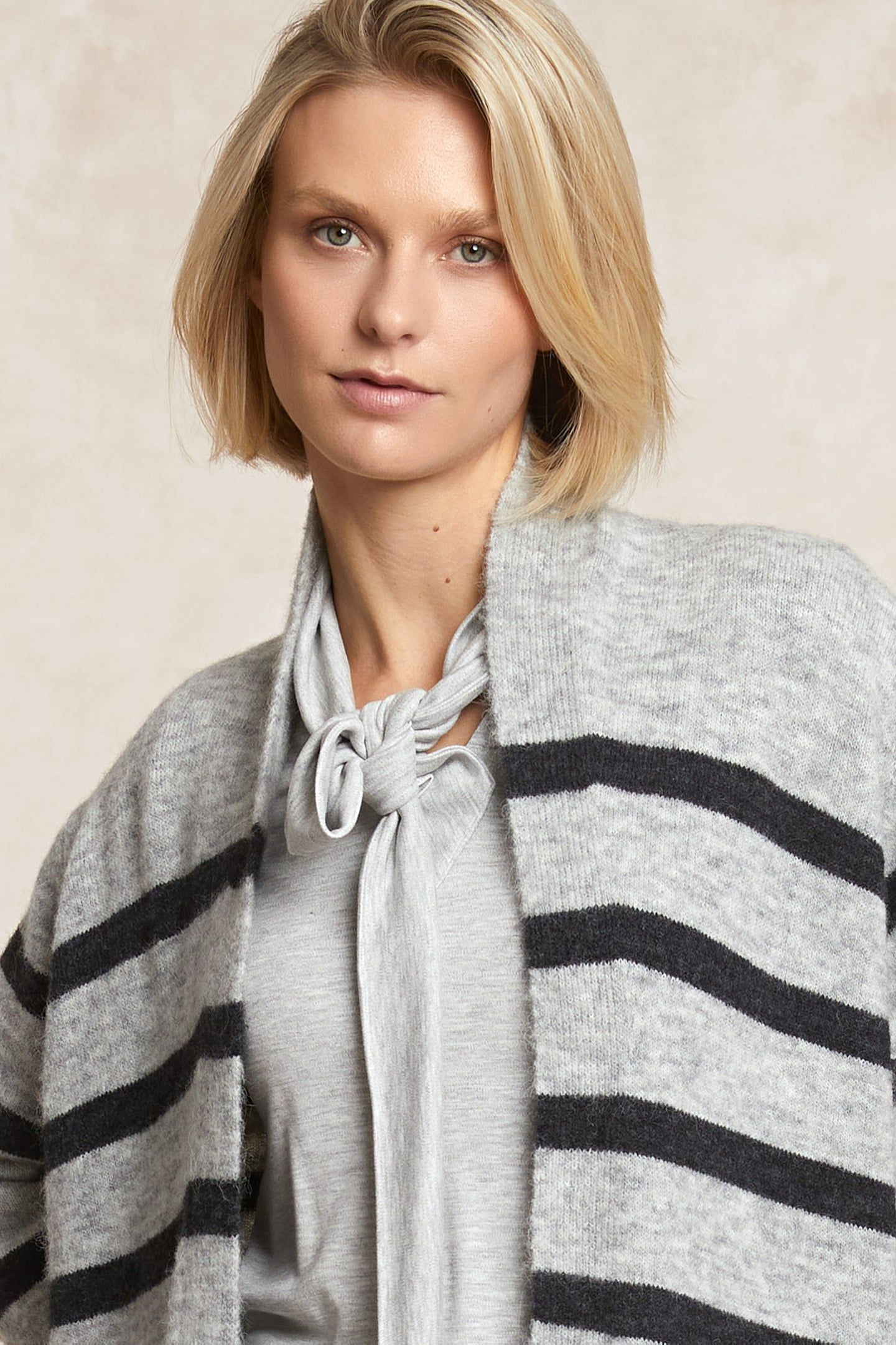 LONG STRIPED V-NECK JERSEY CARDIGAN APPLIED POCKETS BLACK/GR 4