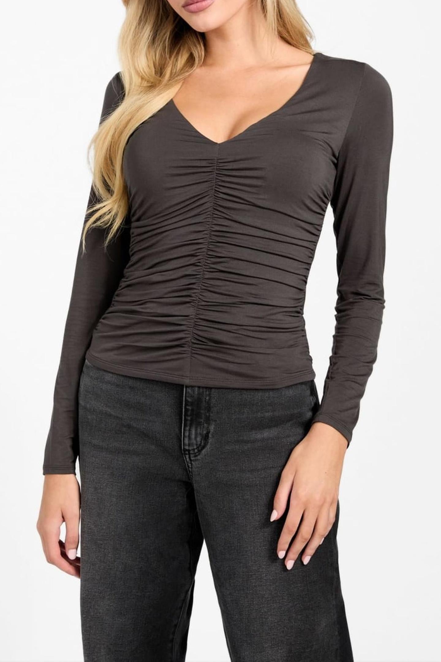 LS V-NECK AYLEEN TOP BARK BROWN 2