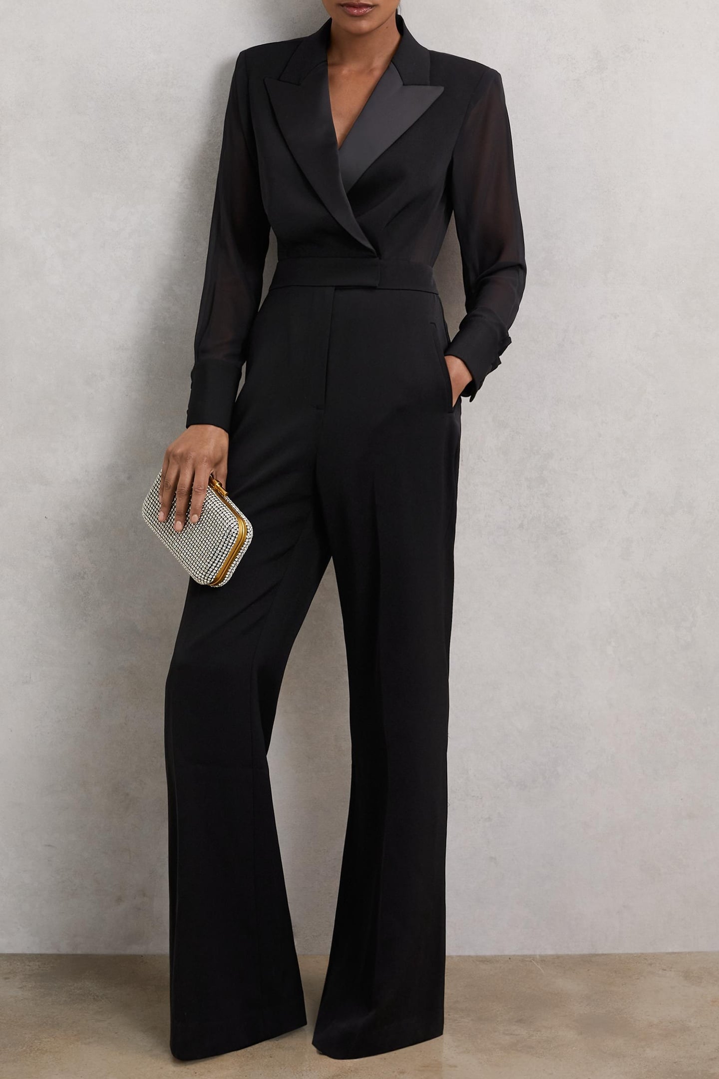 SHEER SLEEVE TUX JUMPSUIT BLACK 1