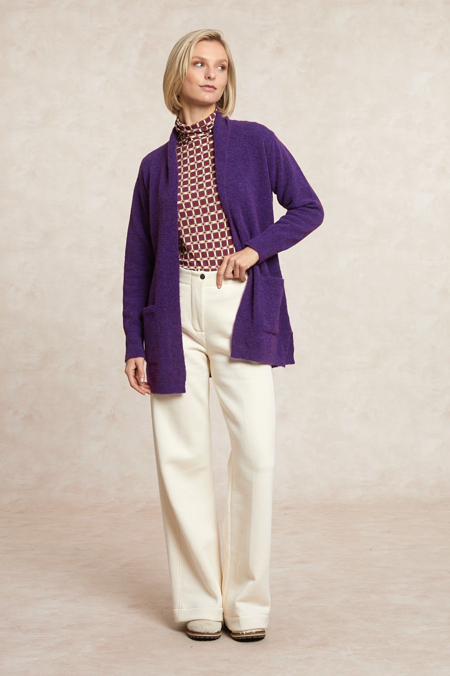 LONG V-NECK JERSEY CARDIGAN APPLIED POCKETS PURPLE 1