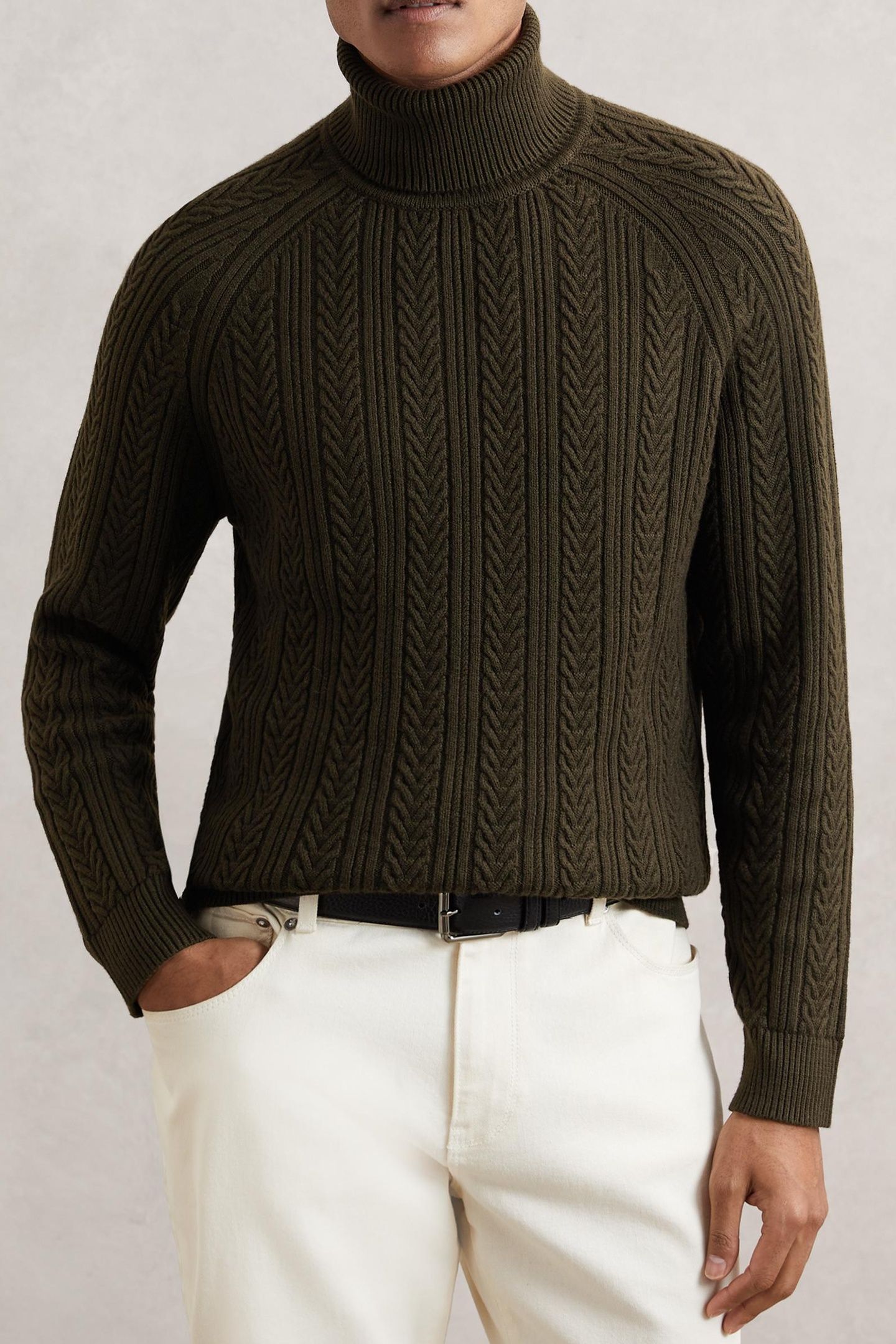LS ROLL NECK CABLE JUMPER DARK OLIVE GREEN 1