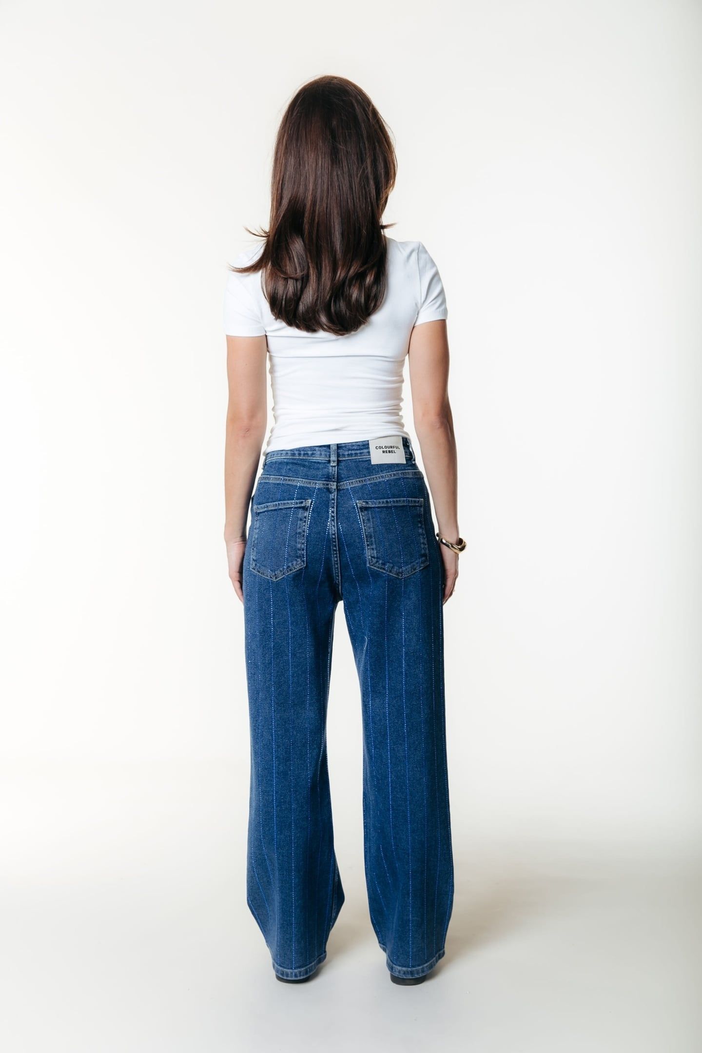 GAIAS RHINESTONES HIGH RISE WIDE LEG DENIM PANTS DARK BLUE D 3
