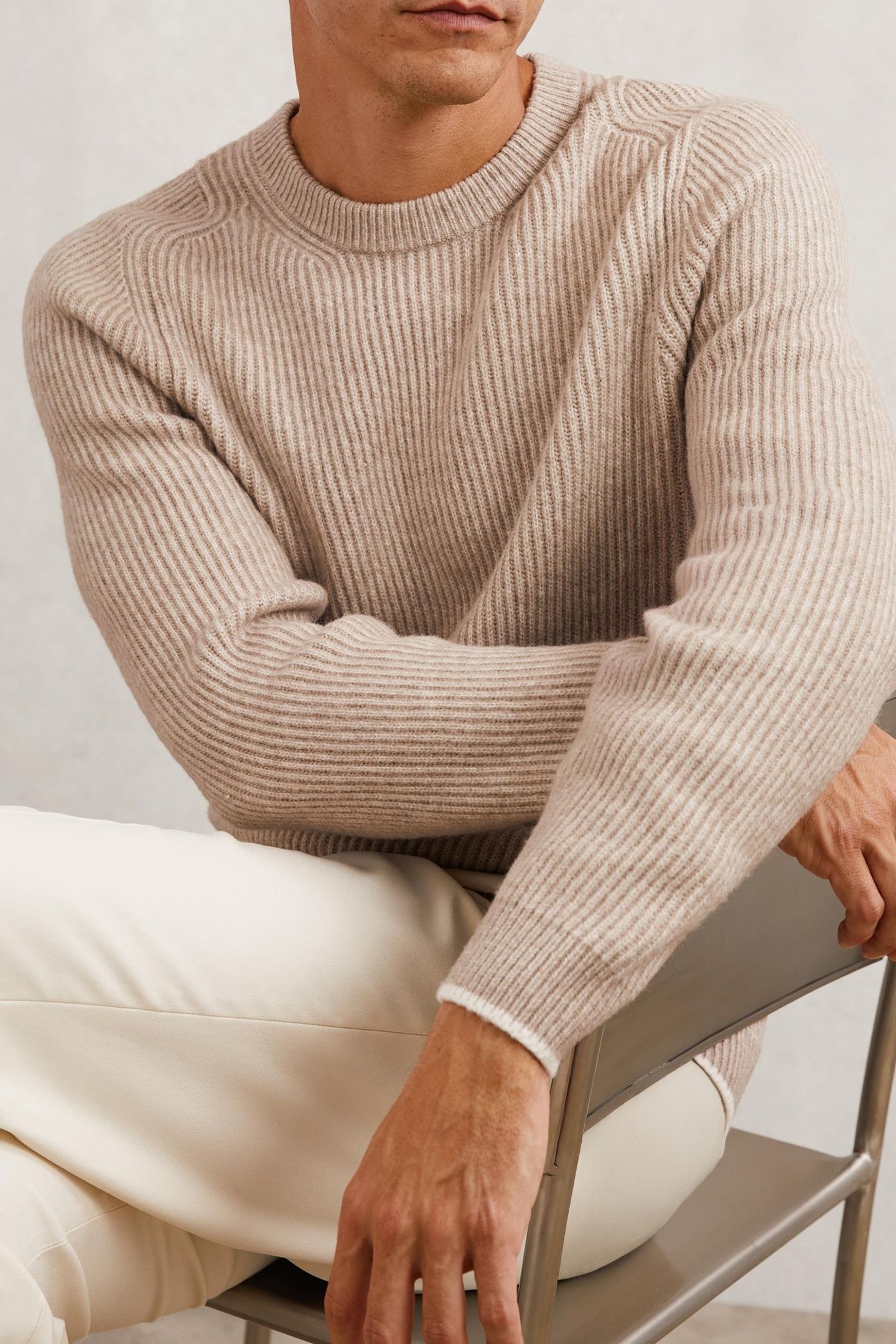 LS CREW BRUSHED WOOL RIBBED JUMPER OATMEAL BROWN 4