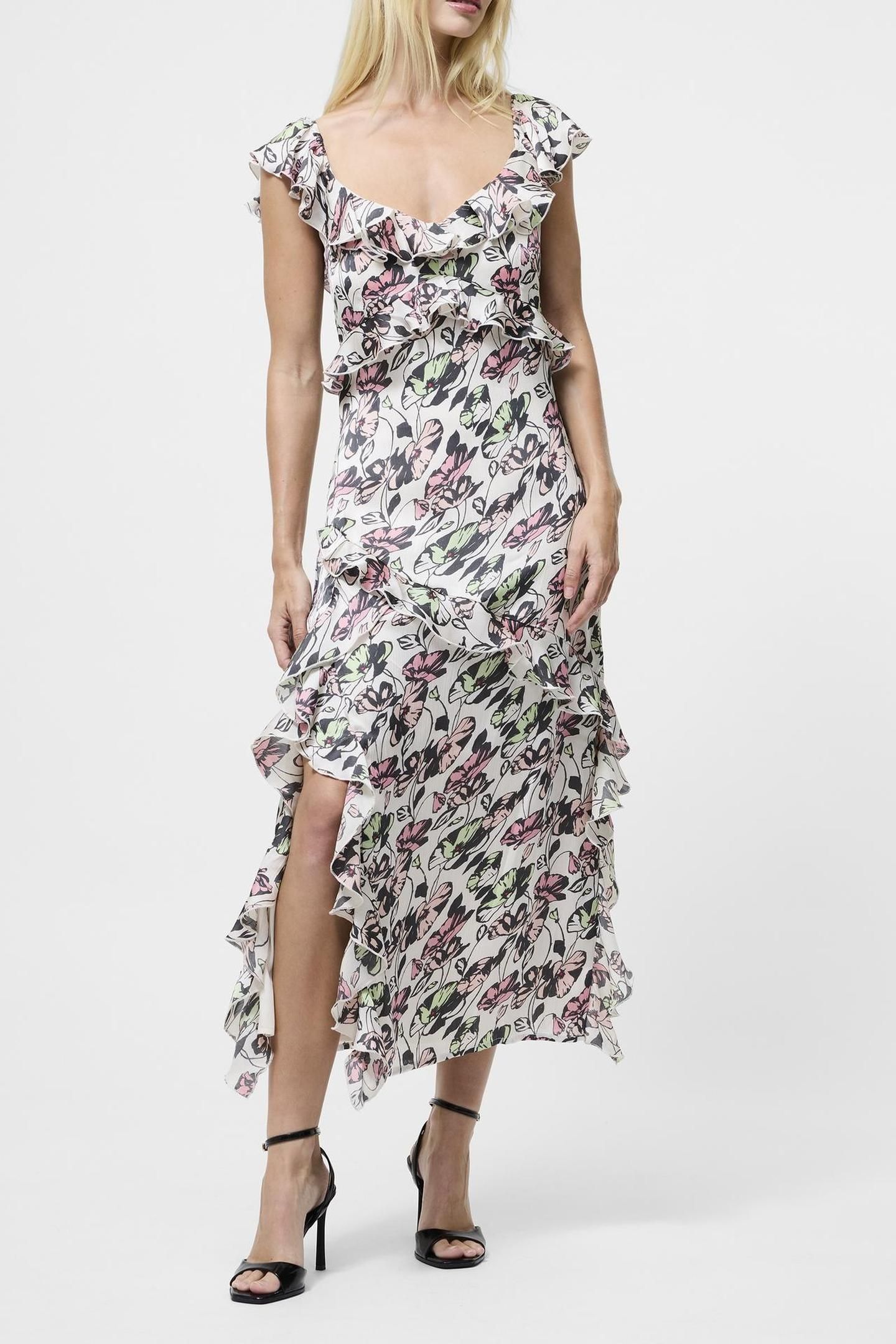 ELLIE KELSY RUFFLED SLIT DRESS CREAM MULTI 1
