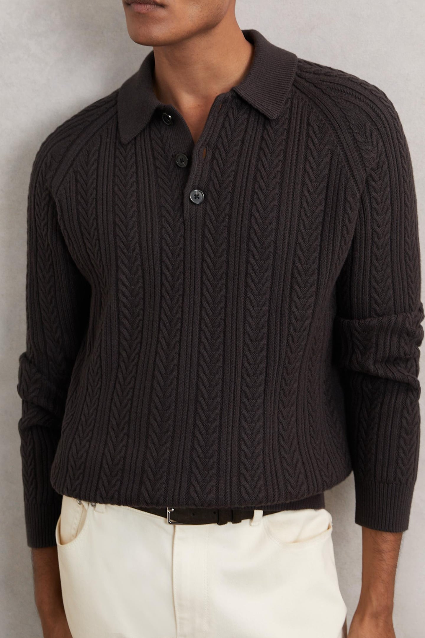 LS HALF BUTTON CABLE JUMPER CHOCOLATE BROWN 1