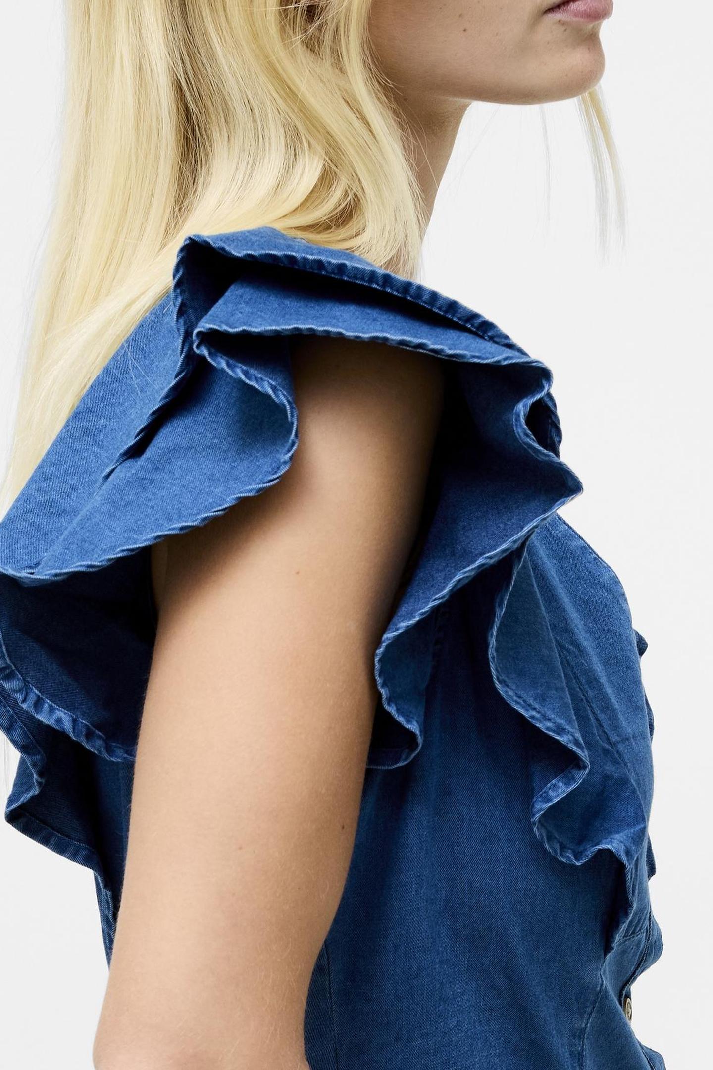RUFFLE DENIM CHAMBRAY DRESS MID WASH MID WASH 4