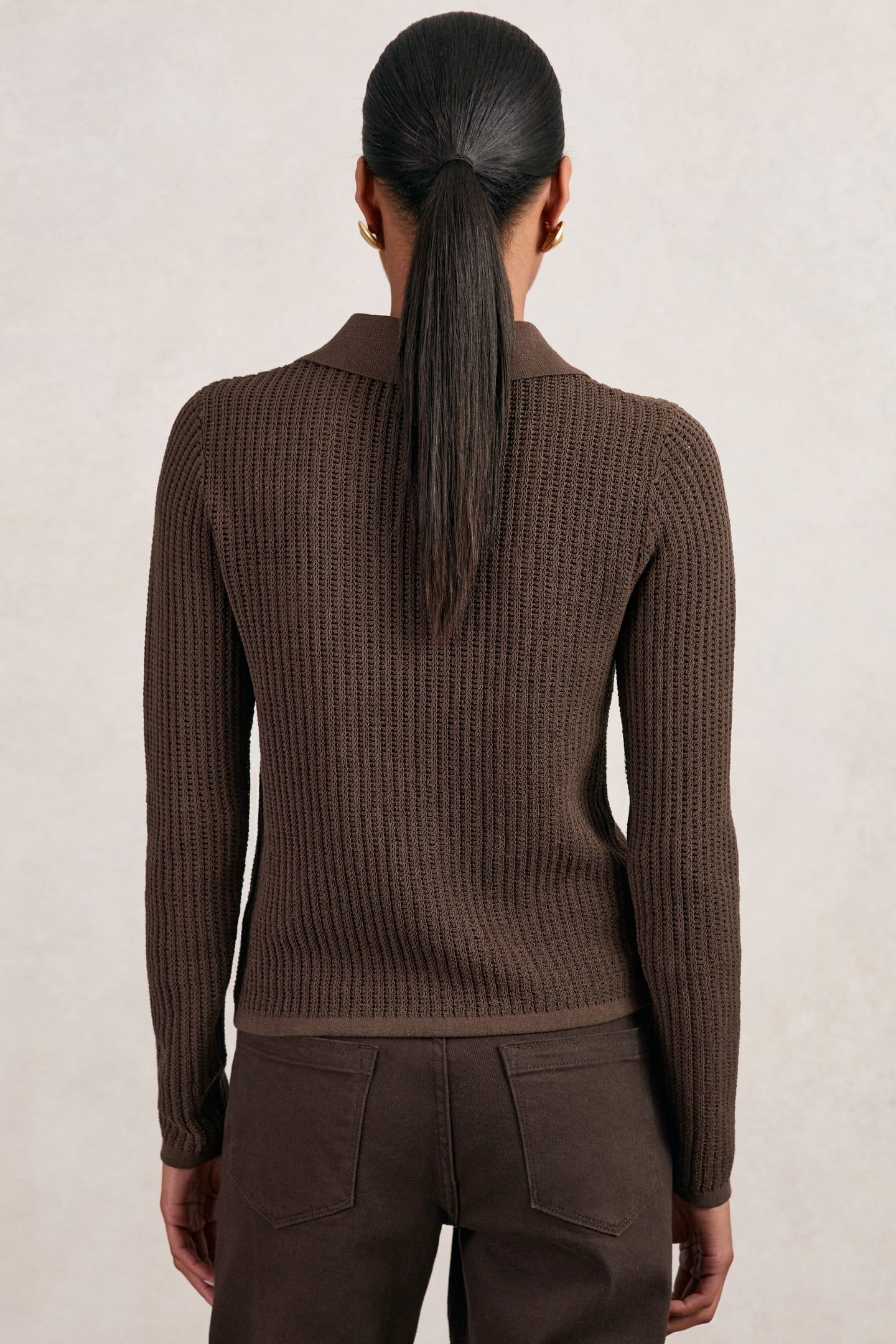 LONG SLEEVE STITCH POLO CHOCOLATE BROWN 2