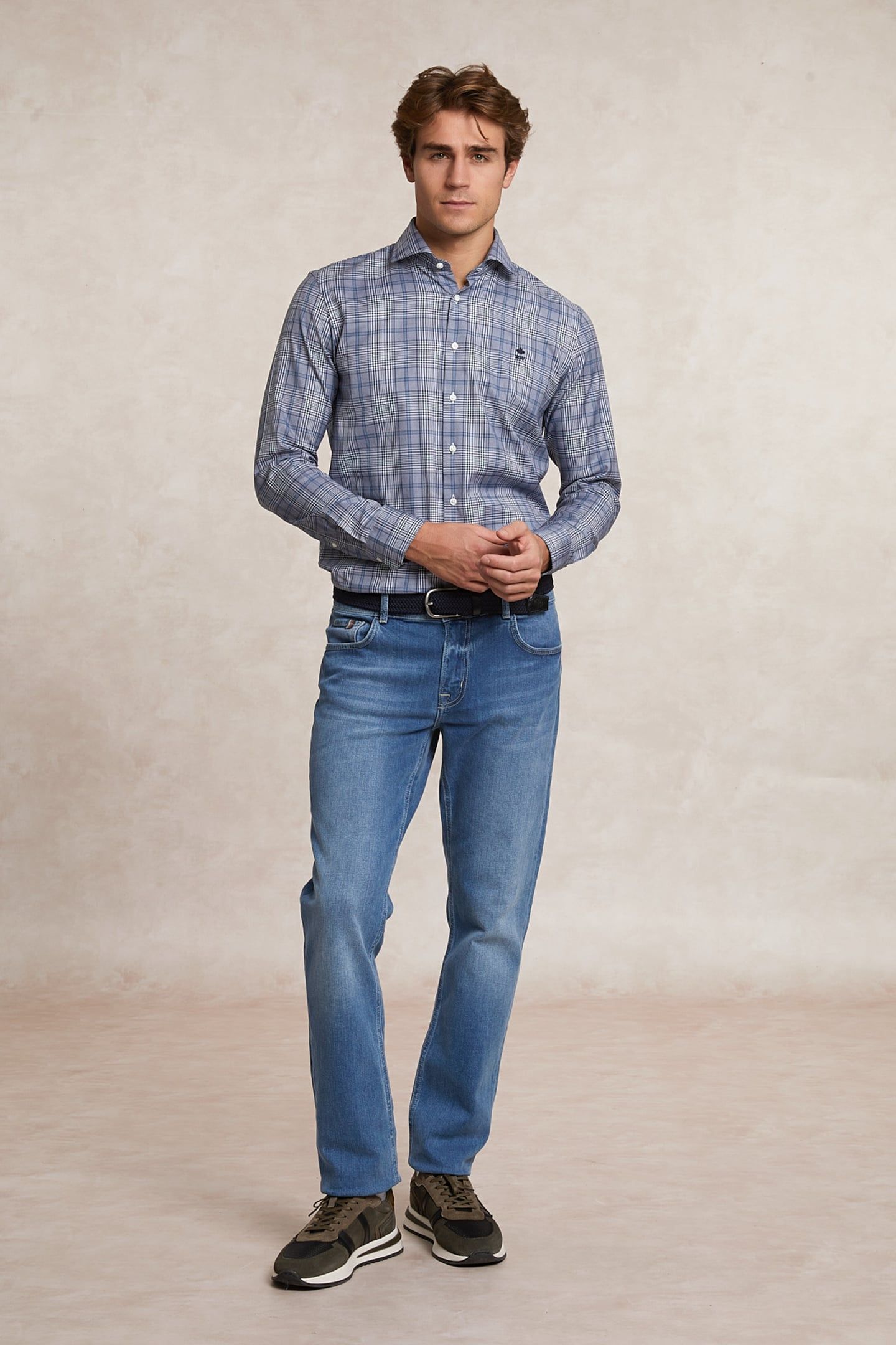 CUSTOM FIT COTTON CHECKED SHIRT BLUE/GREY 1