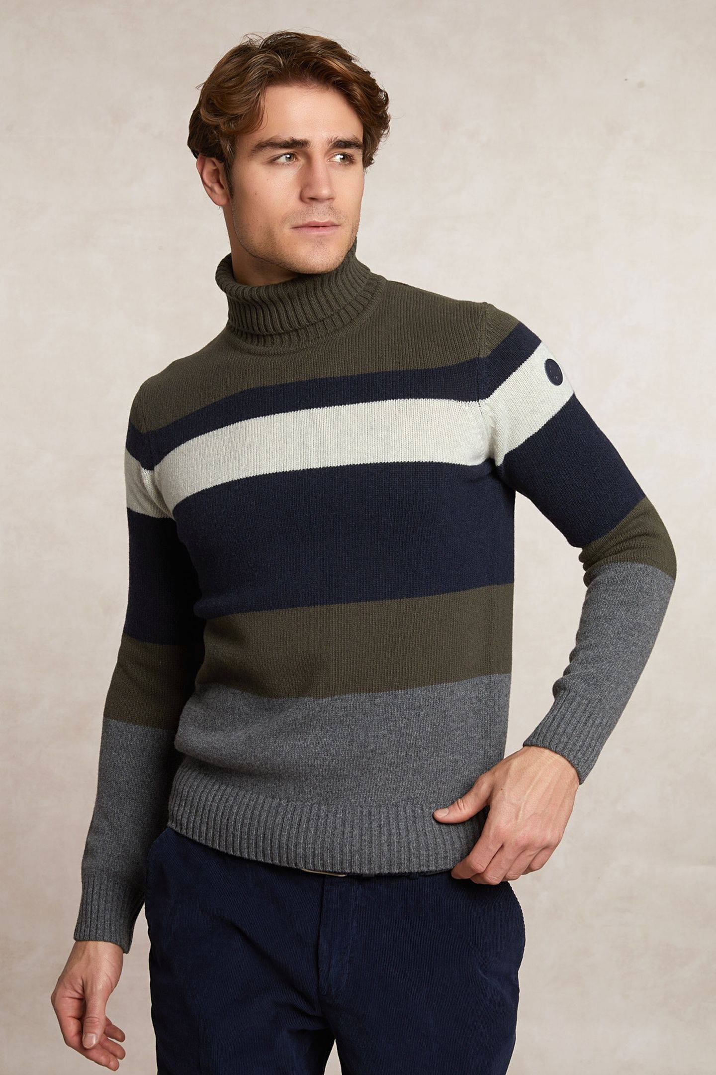 SLIM FIT FANCY STRIPED VIRGIN WOOL ROLL NECK SWEATER OLIVE M 3