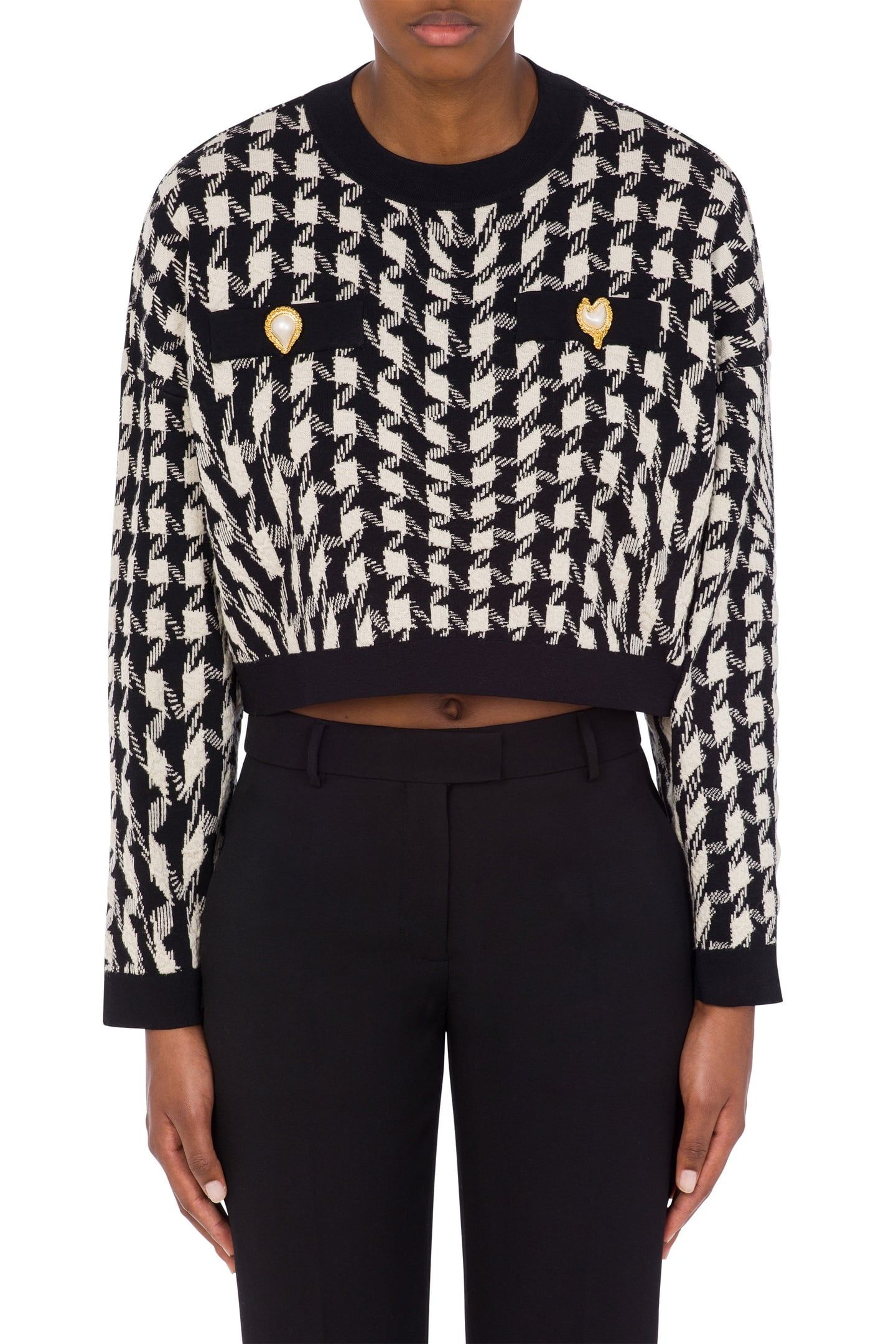 CROPPED PULLOVER IN MORPHED HOUNDSTOOTH STRETCH KNIT WHITE 1