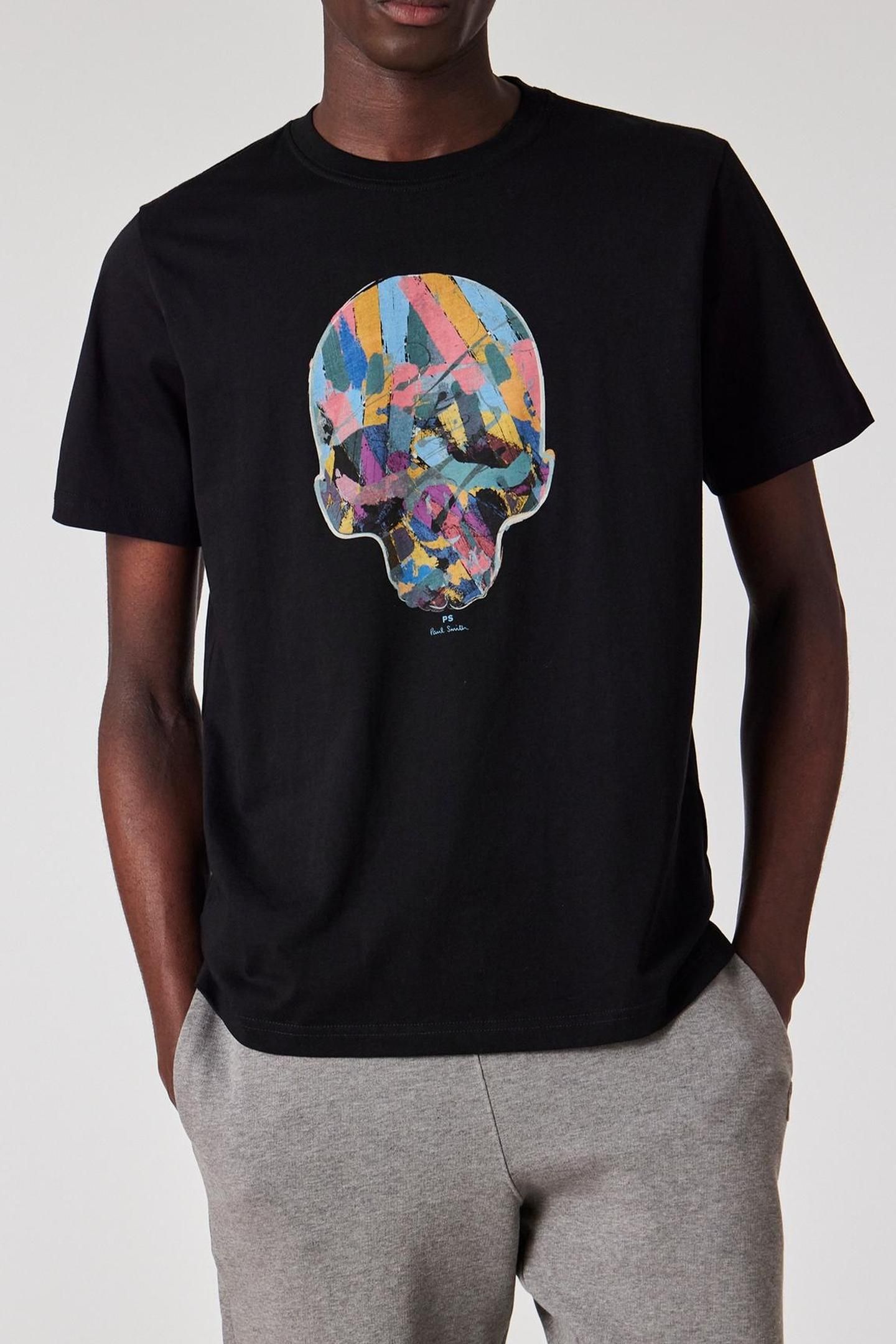 MENS REG FIT SS T SHIRT MULTI COL SKULL BLACK 1