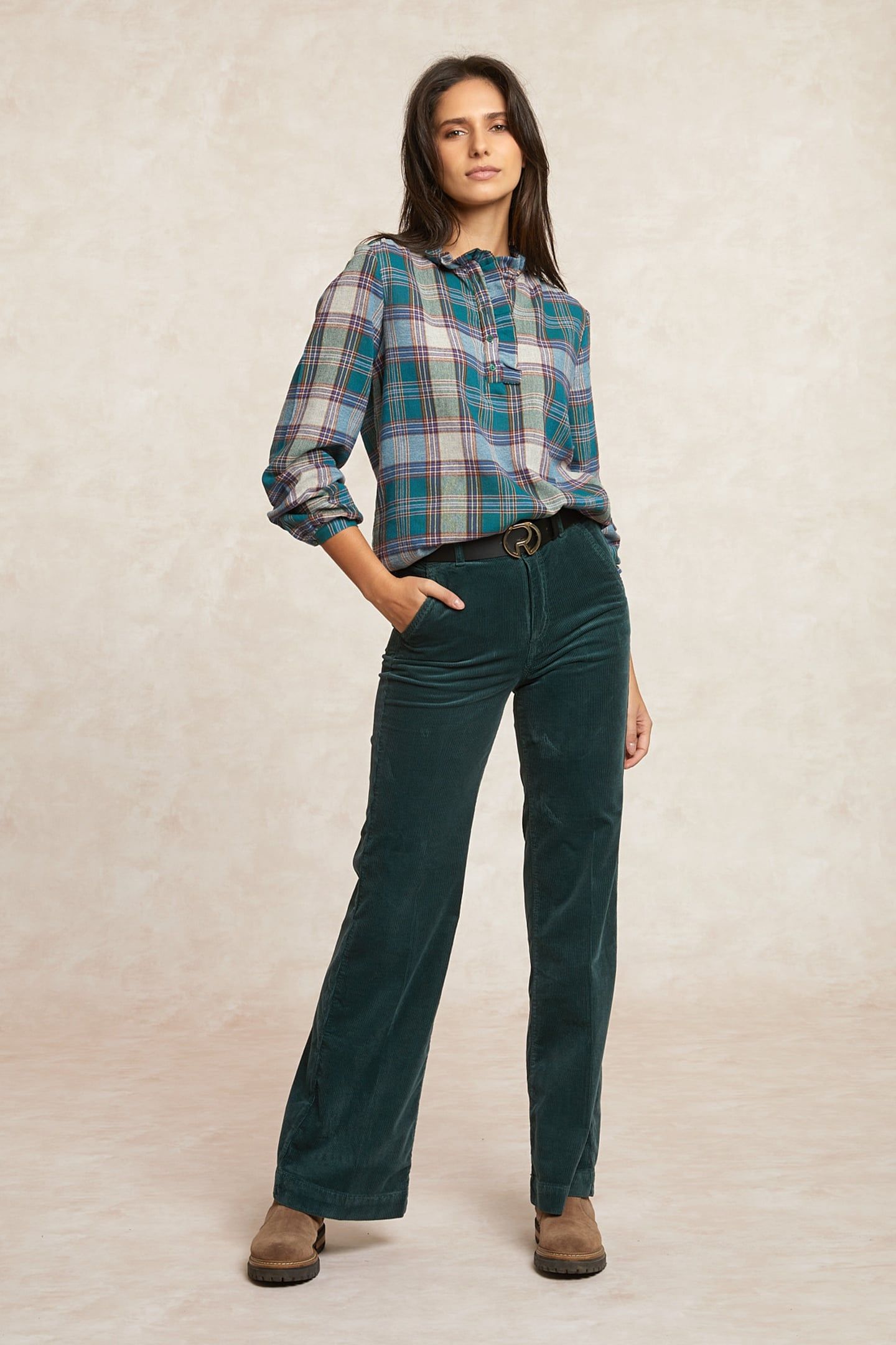 CHECKED BLOUSE BALLOON SLEEVES GREEN 1