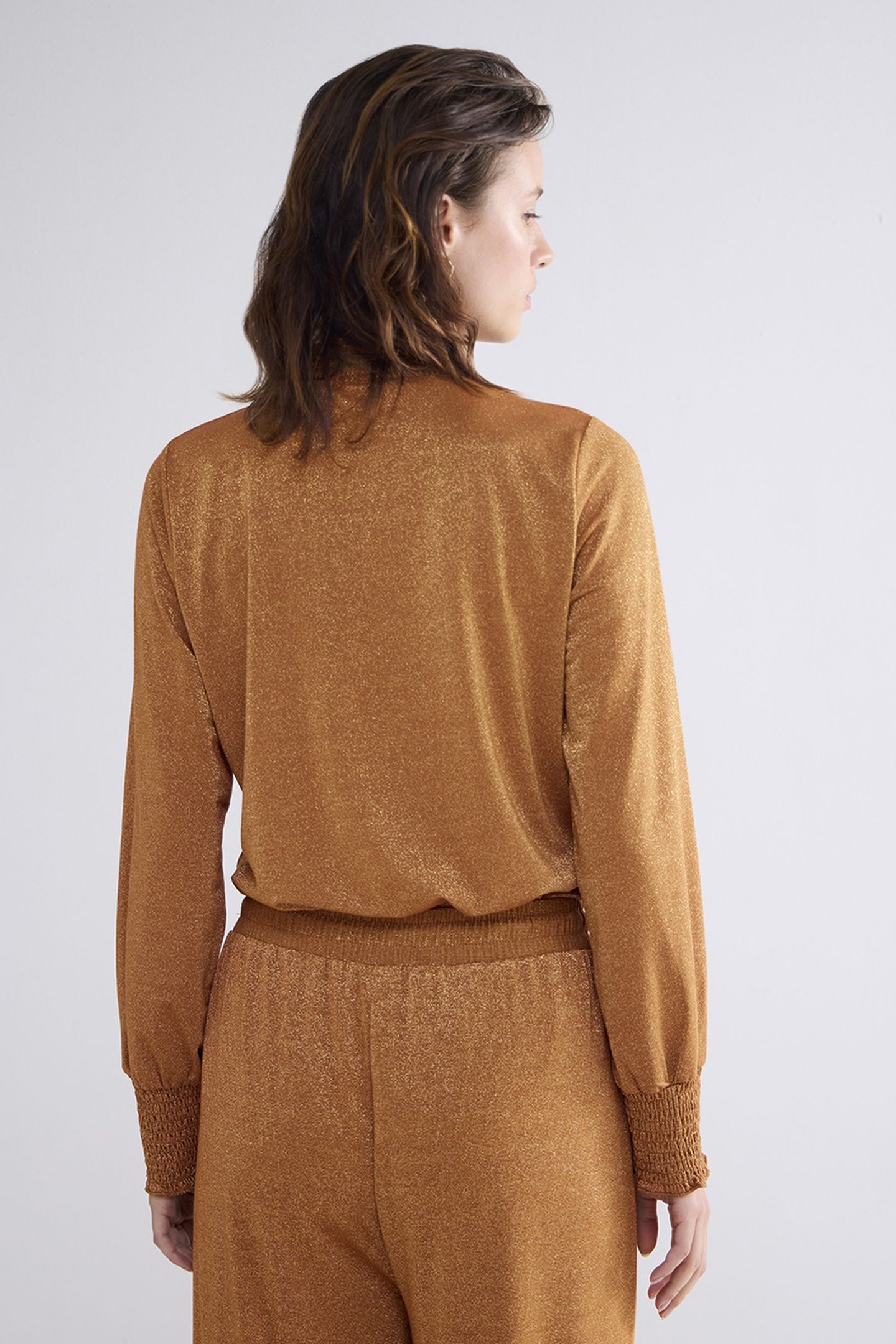 SMOCKED TOP FINE LUREX JERSEY CAMEL BROWN 2