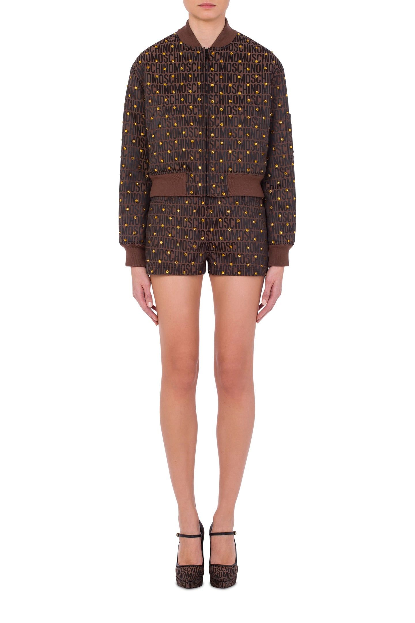 NYLON BOMBER JACKET WITH RHINESTONES ALLOVER LOGO BROWN 1