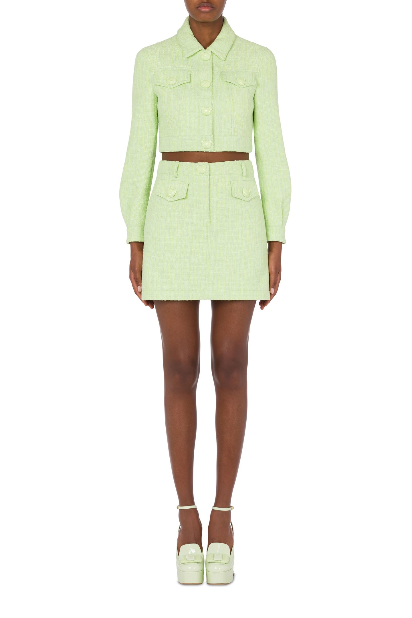 TEDDY BUTTONS TWEED CROPPED JACKET GREEN 1