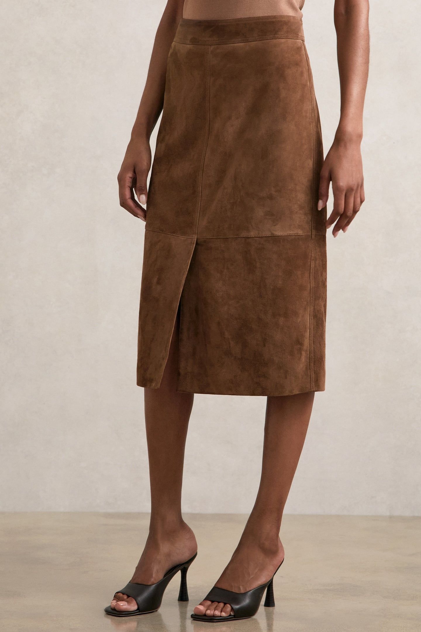 SUEDE MIDI SKIRT TAN BROWN 2