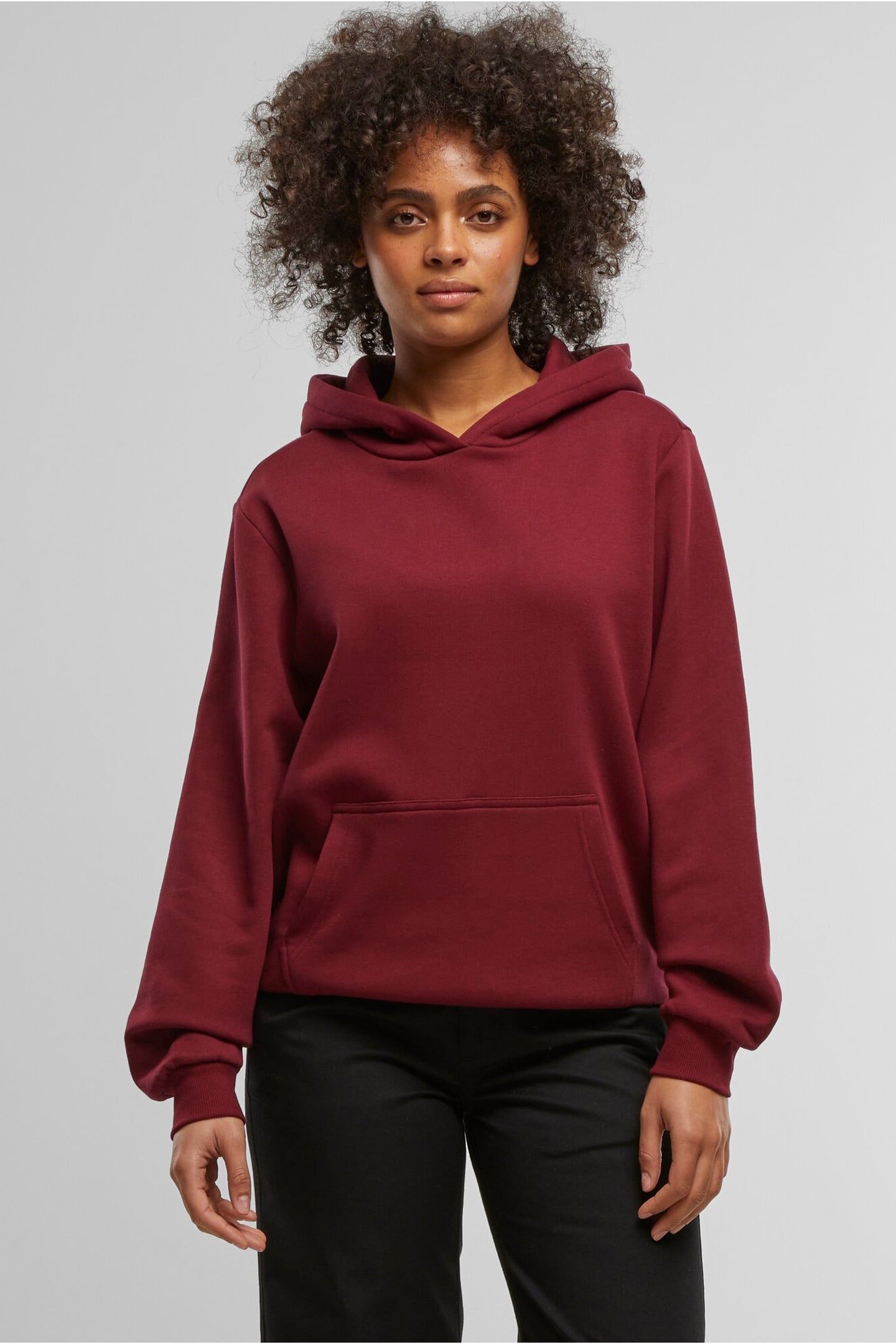 LADIES ESSENTIALS LOOSE BRUSHED FLEECE HOODY BURGUNDY 1