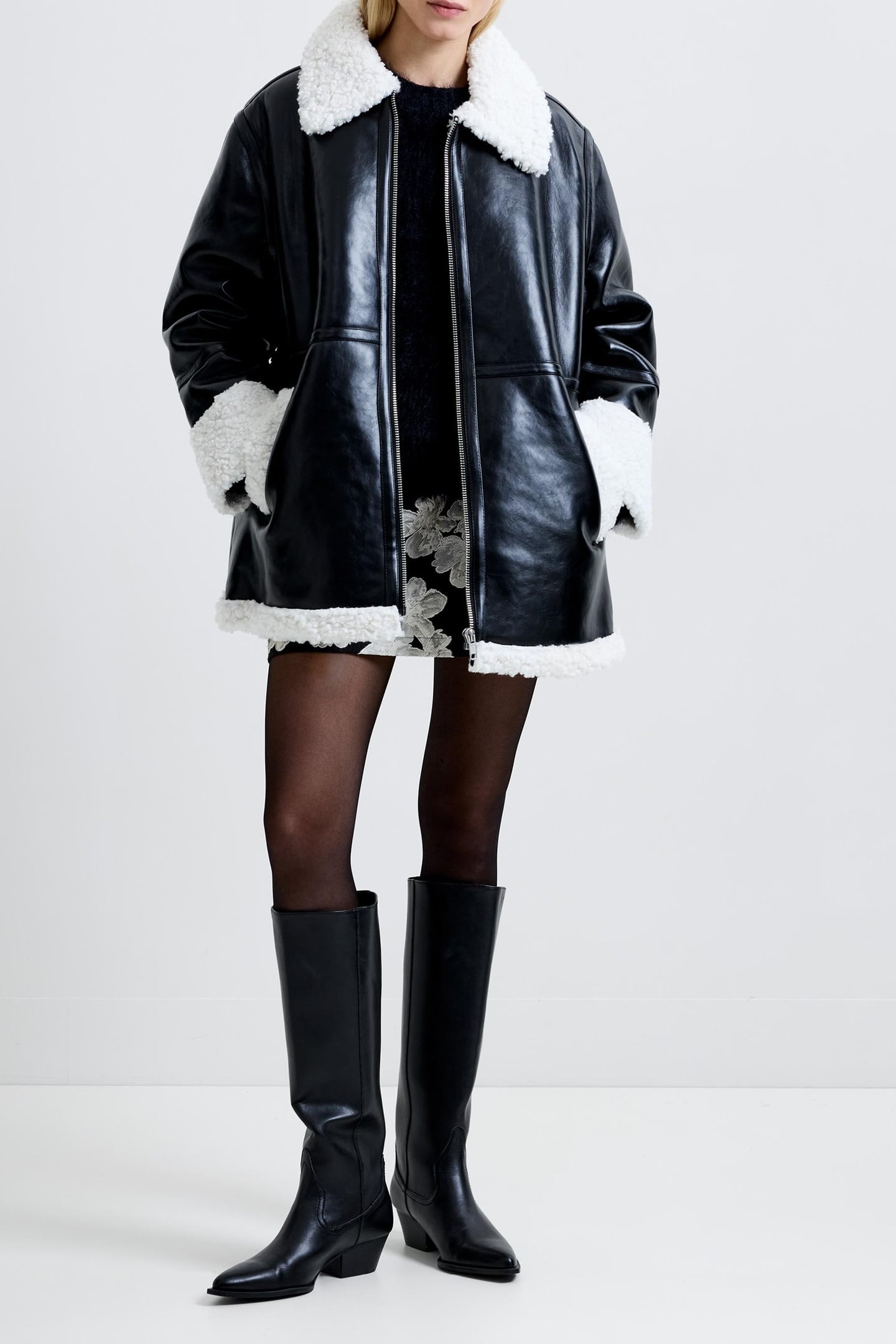 AJANI PU FAUX FUR COAT BLACK CREAM 1