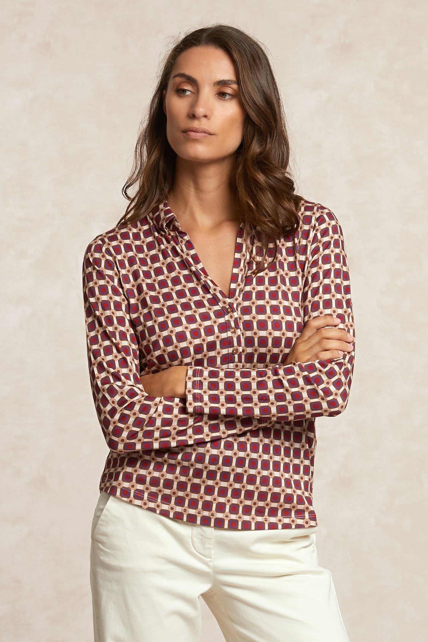 JERSEY FANTASY V-NECK BLOUSE RED/BROWN 3