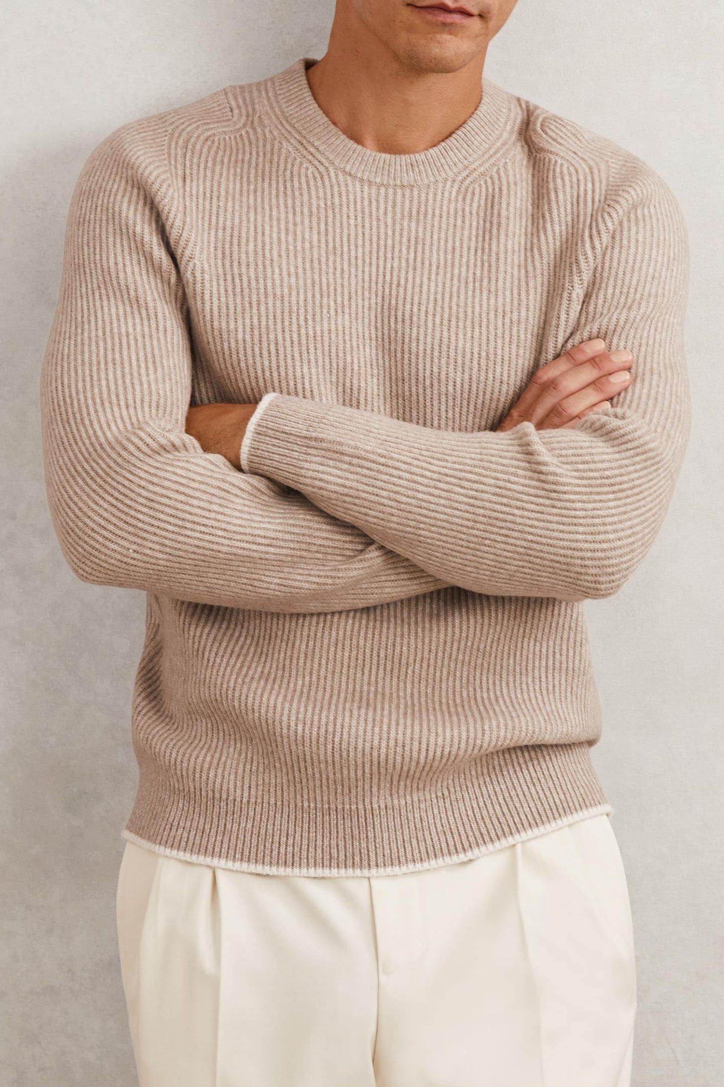 LS CREW BRUSHED WOOL RIBBED JUMPER OATMEAL BROWN 1