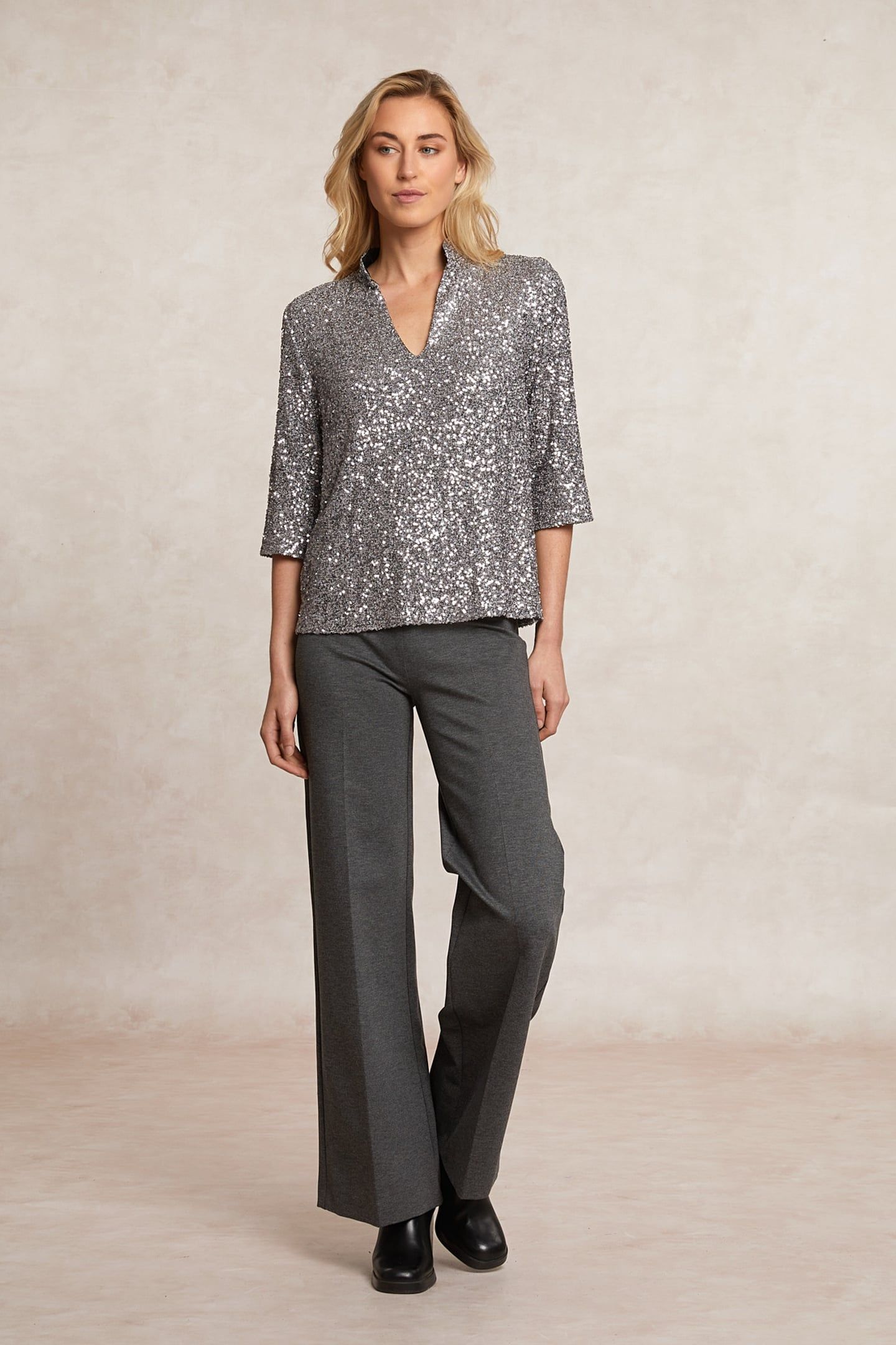 GLITTER V-NECK BLOUSE 3/4 SLEEVES SILVER 1