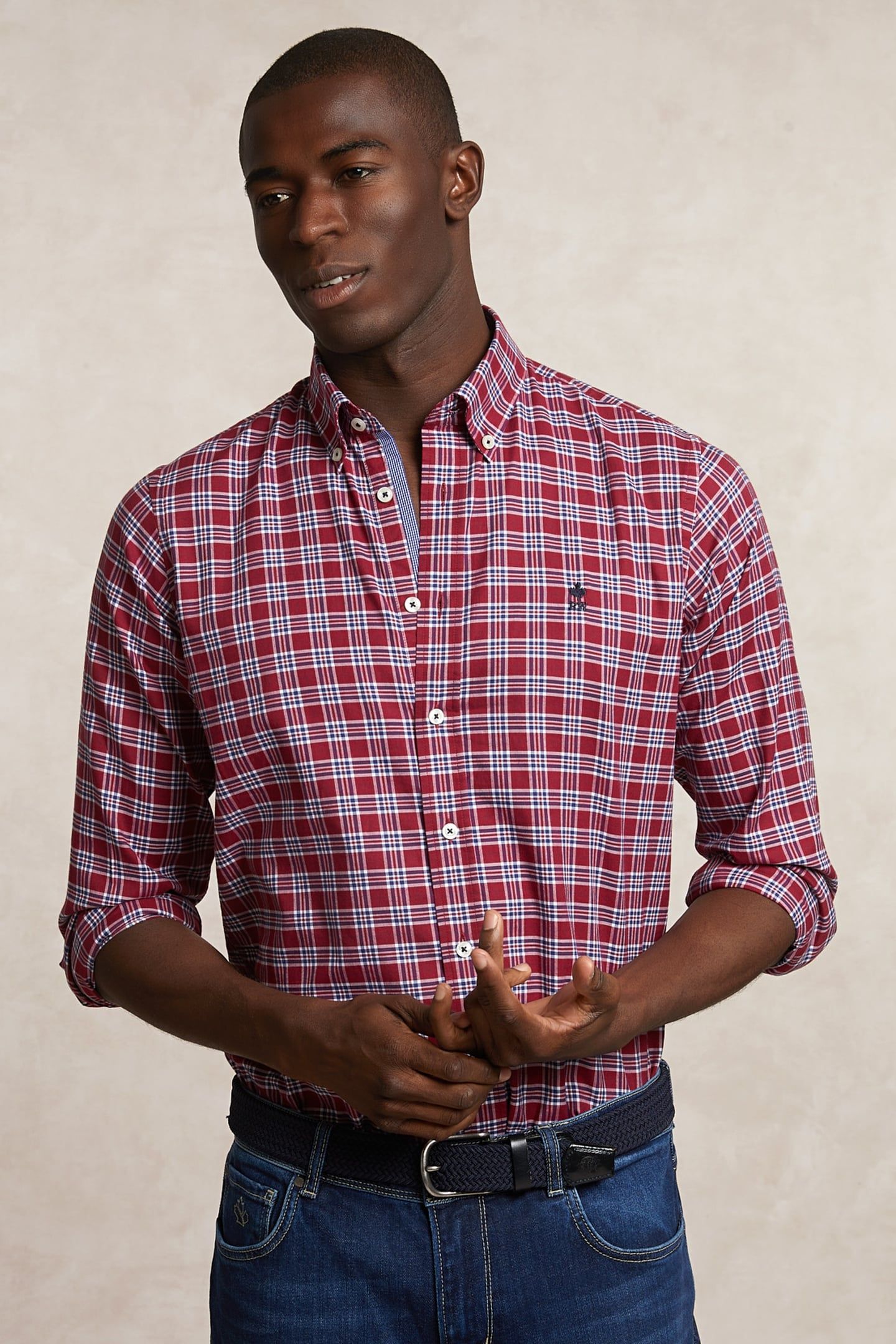 CUSTOM FIT COTTON CHECKED SHIRT RED/WHITE 1