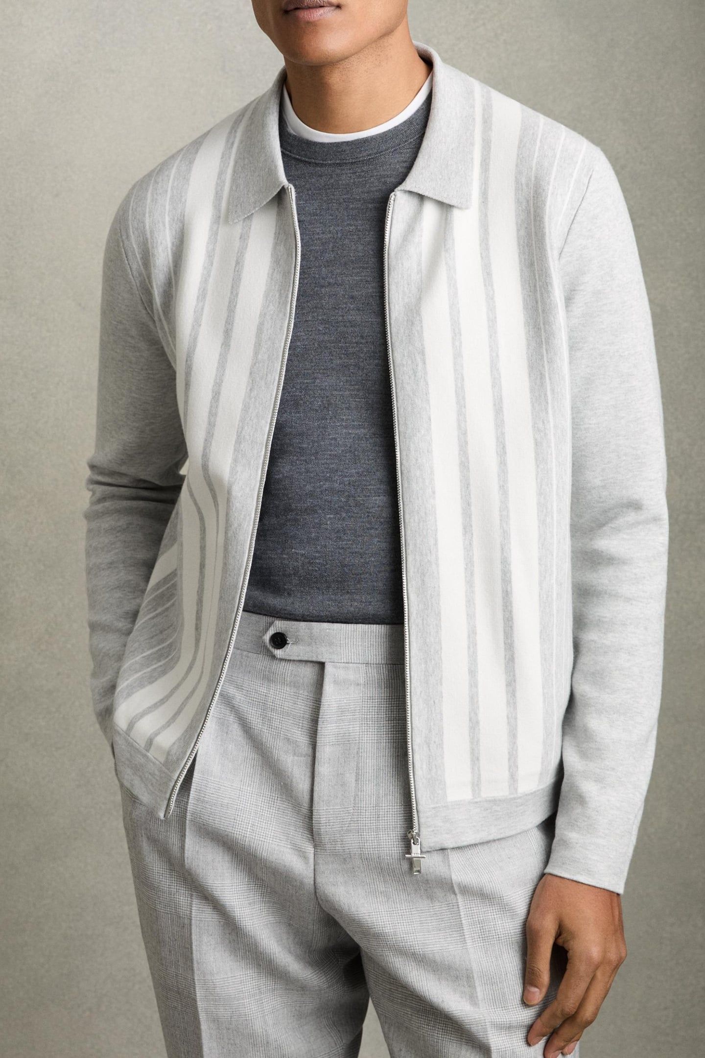 LS ZIP THROUGH STRIPE KNITTED JACKET GREY MELANGE/WHITE 1