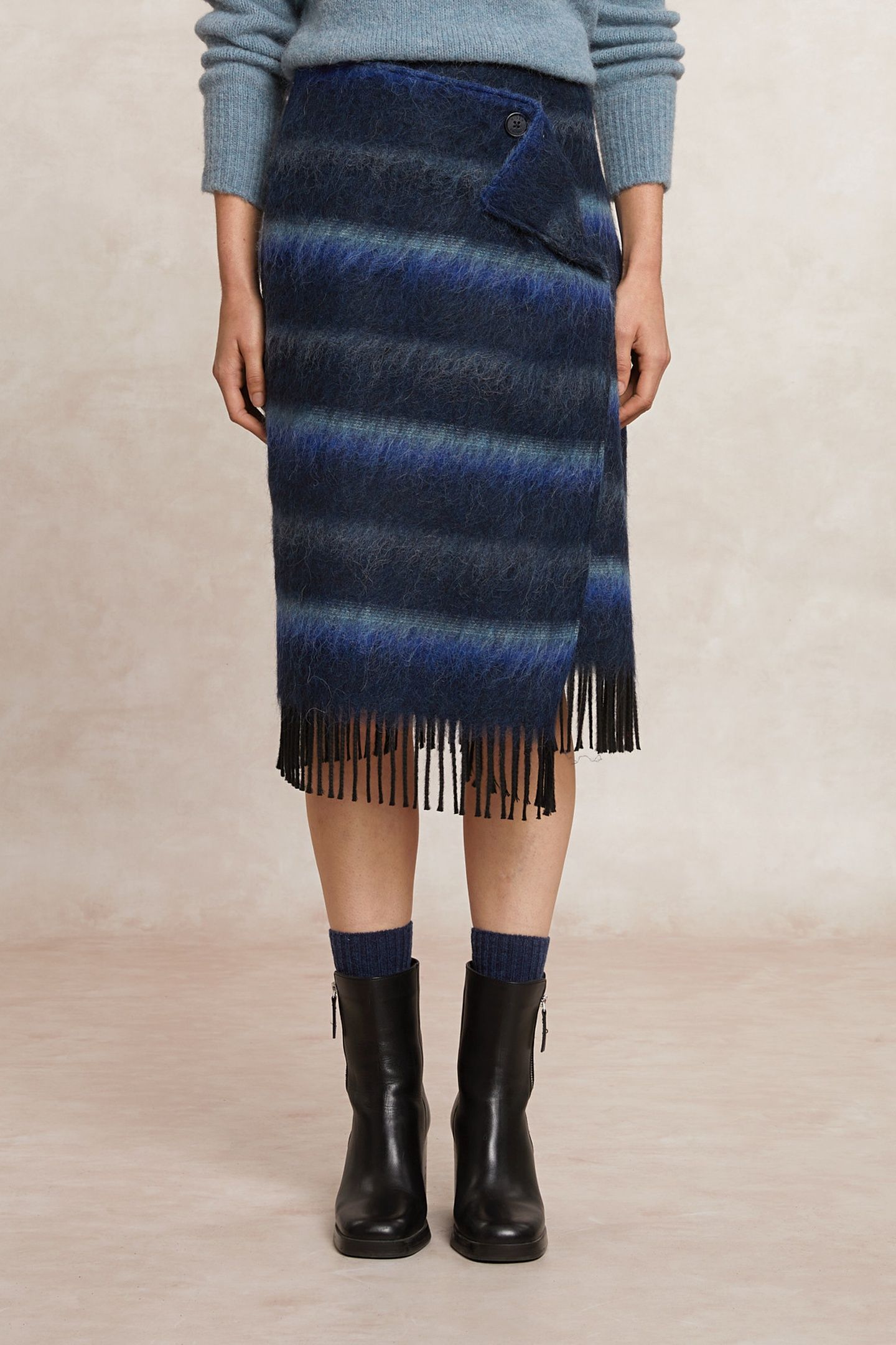 STRIPED WOOLEN RUFFLE PORTEFEUILLE SKIRT BLUE 3