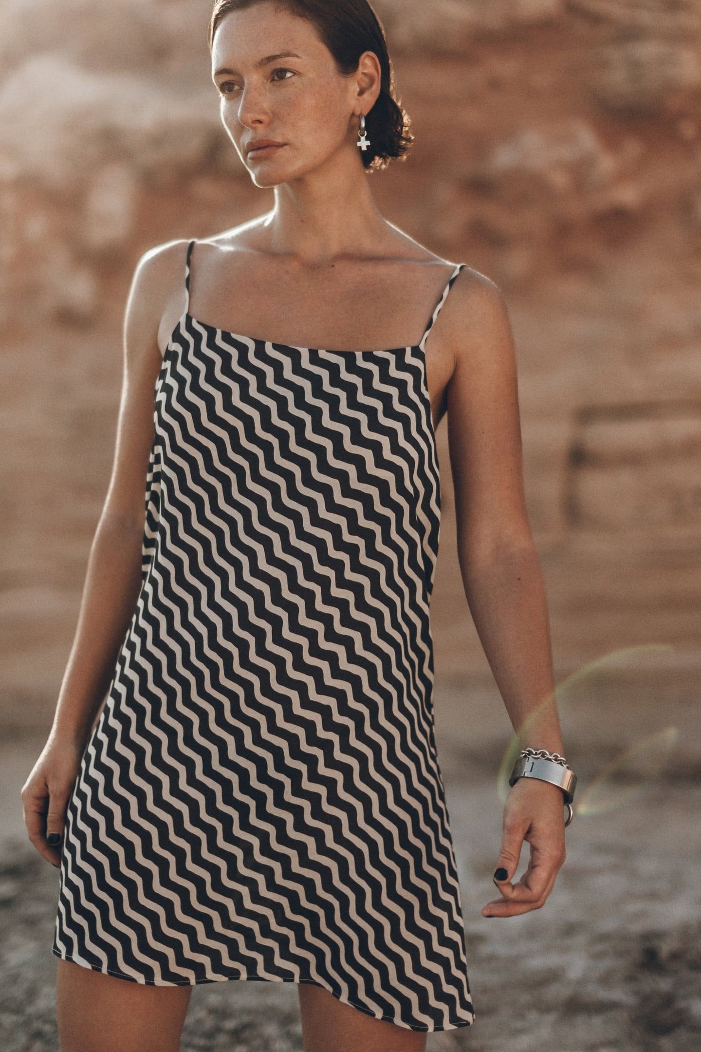 THE STRIPED SHEER SHORT SLIP DRESS BEIGE 1